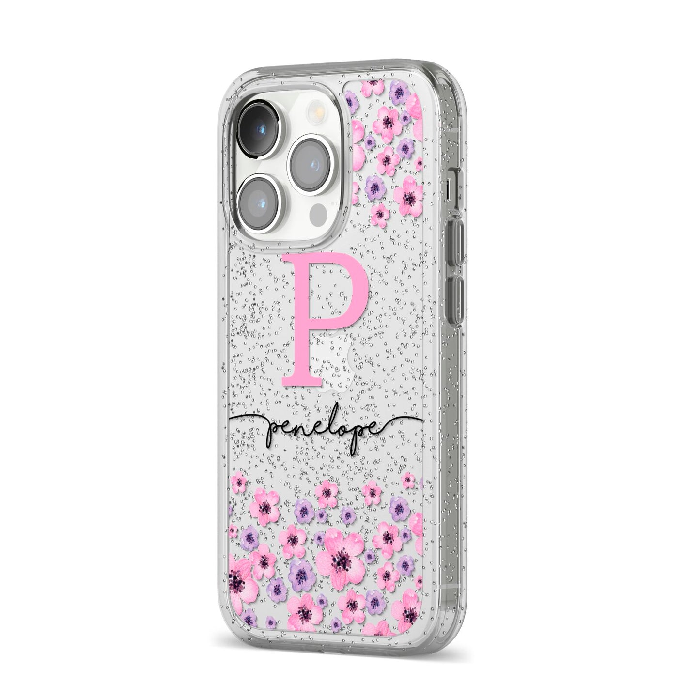 Personalised Pink Floral iPhone 14 Pro Glitter Tough Case Silver Angled Image