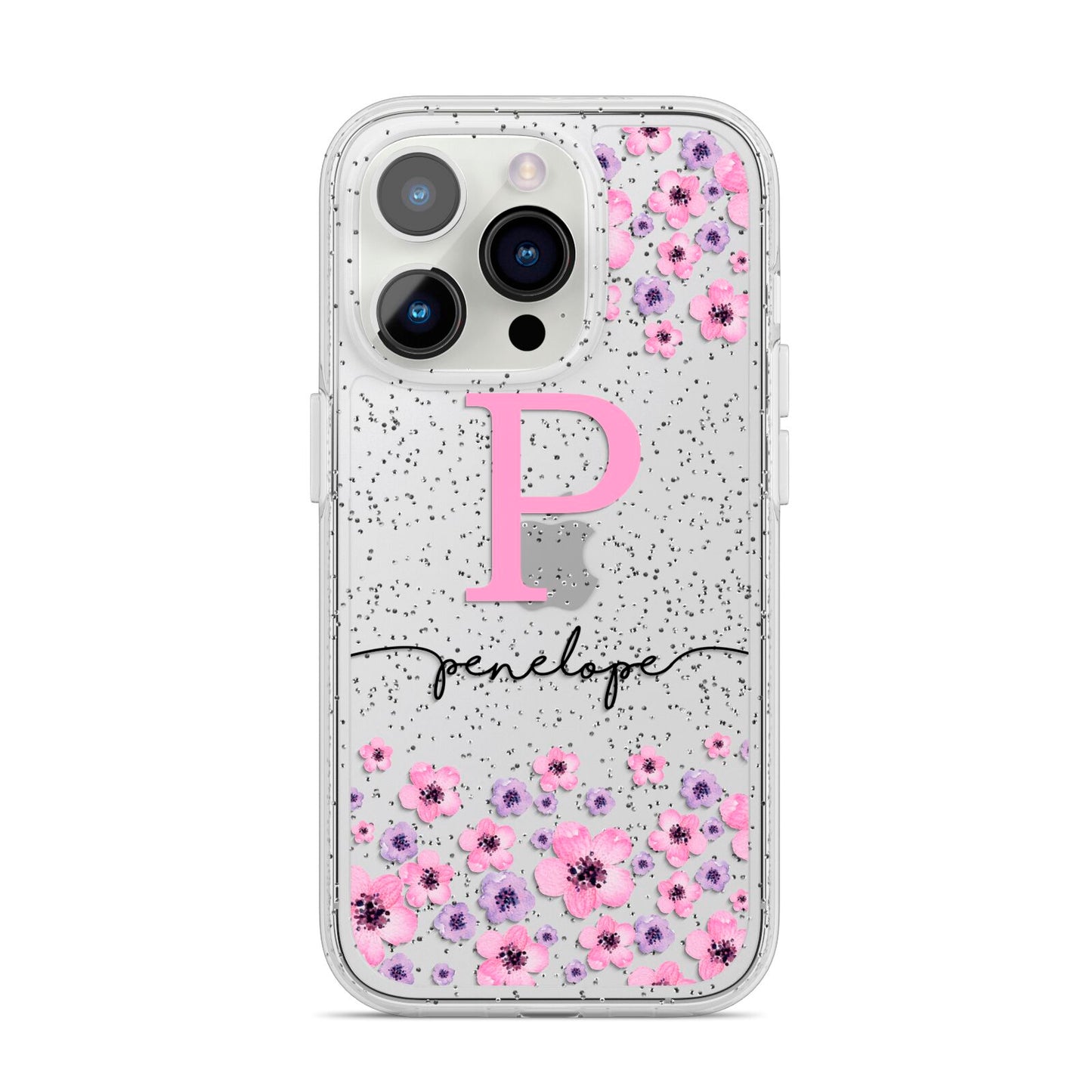 Personalised Pink Floral iPhone 14 Pro Glitter Tough Case Silver