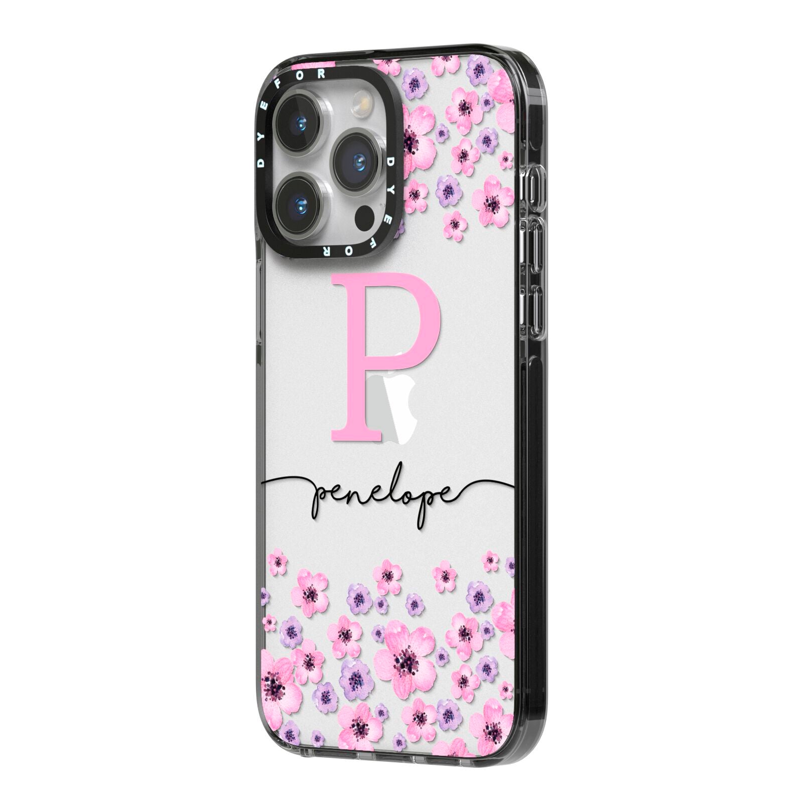 Personalised Pink Floral iPhone 14 Pro Max Black Impact Case Side Angle on Silver phone