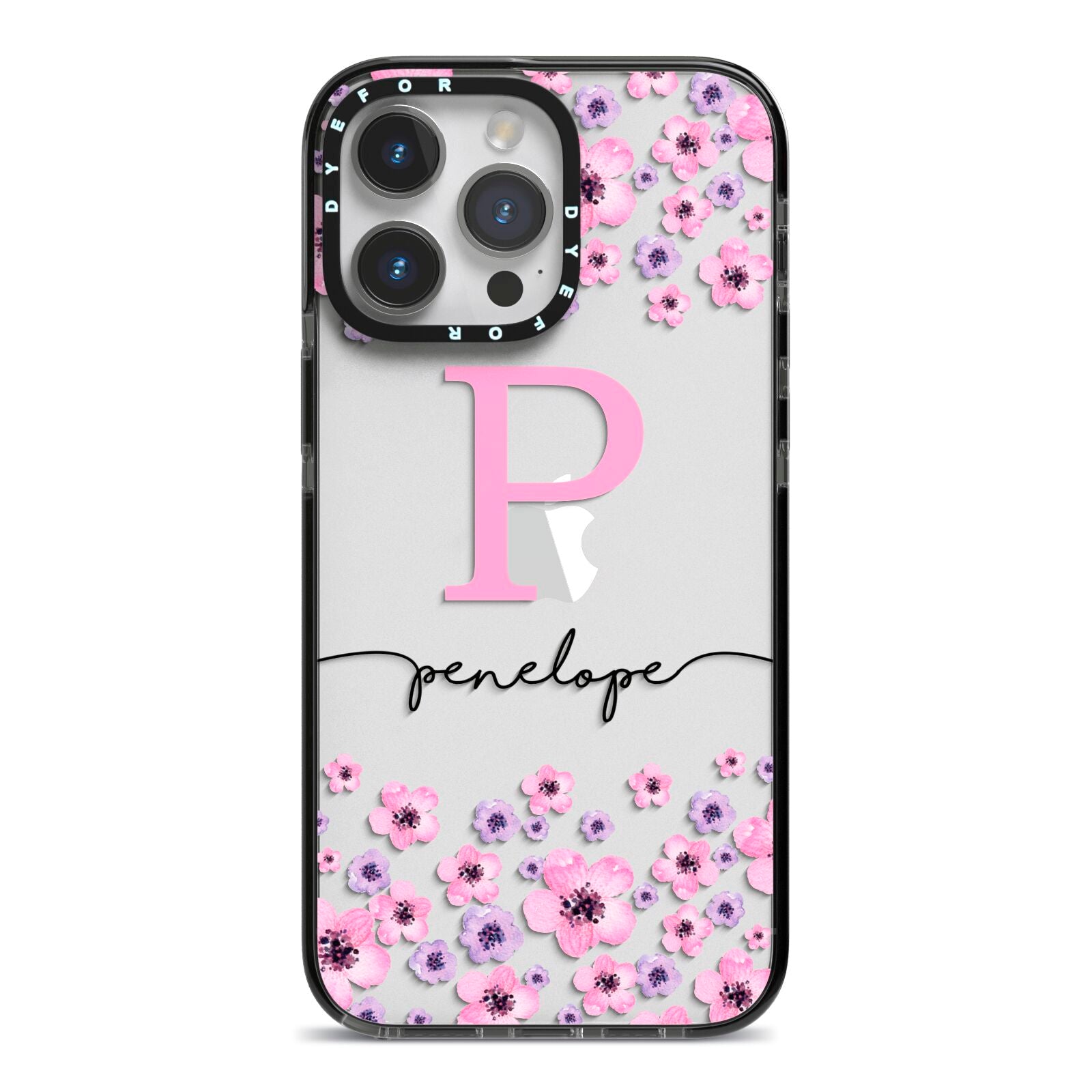 Personalised Pink Floral iPhone 14 Pro Max Black Impact Case on Silver phone
