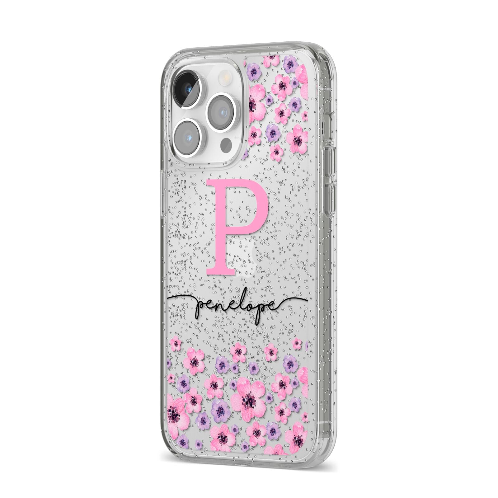 Personalised Pink Floral iPhone 14 Pro Max Glitter Tough Case Silver Angled Image