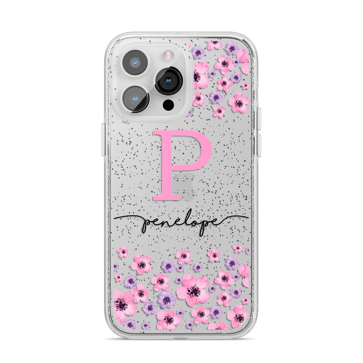 Personalised Pink Floral iPhone 14 Pro Max Glitter Tough Case Silver
