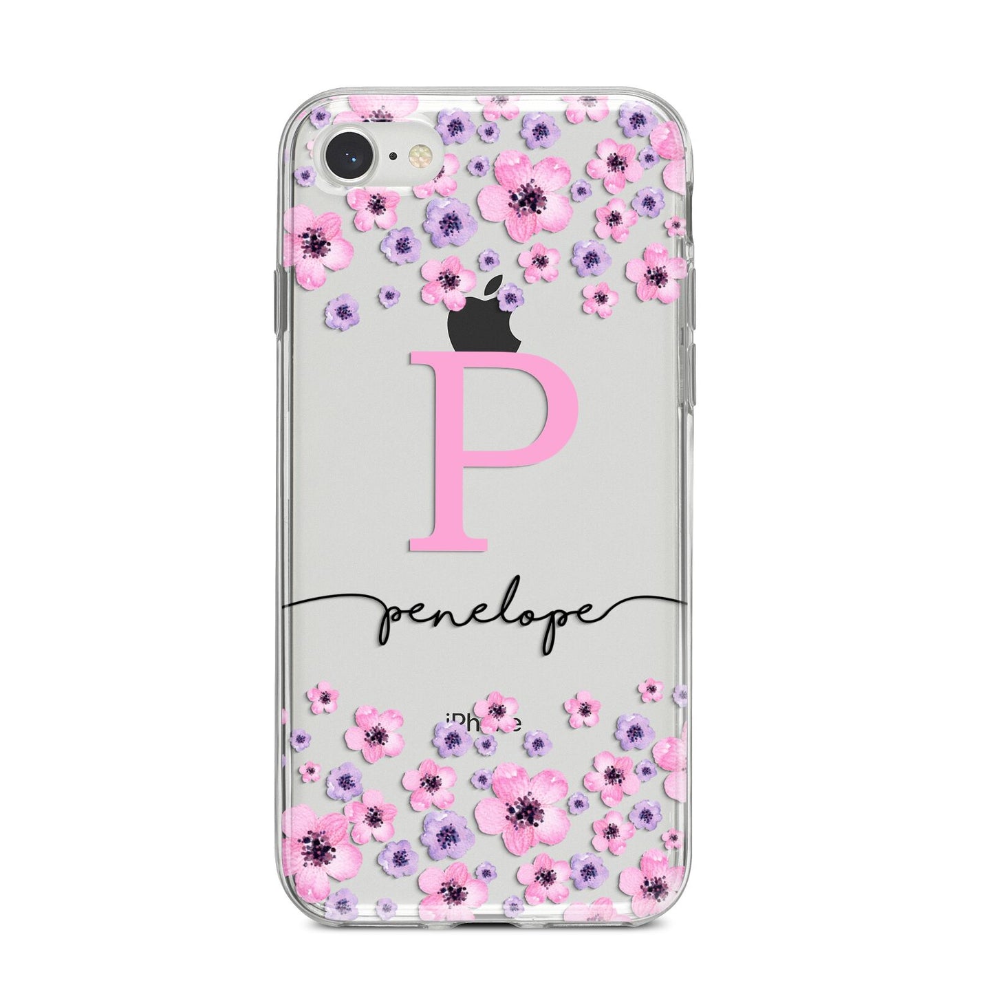 Personalised Pink Floral iPhone 8 Bumper Case on Silver iPhone
