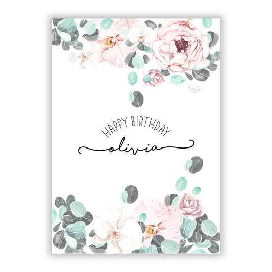 Personalised Pink Flower Name A5 Flat Greetings Card