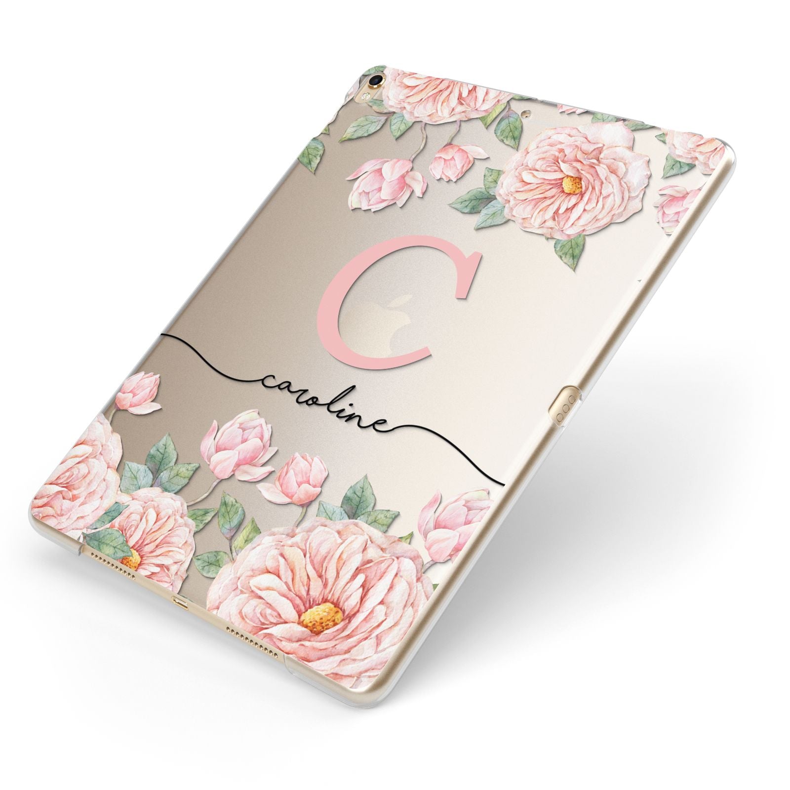 Personalised Pink Flowers Apple iPad Case on Gold iPad Side View
