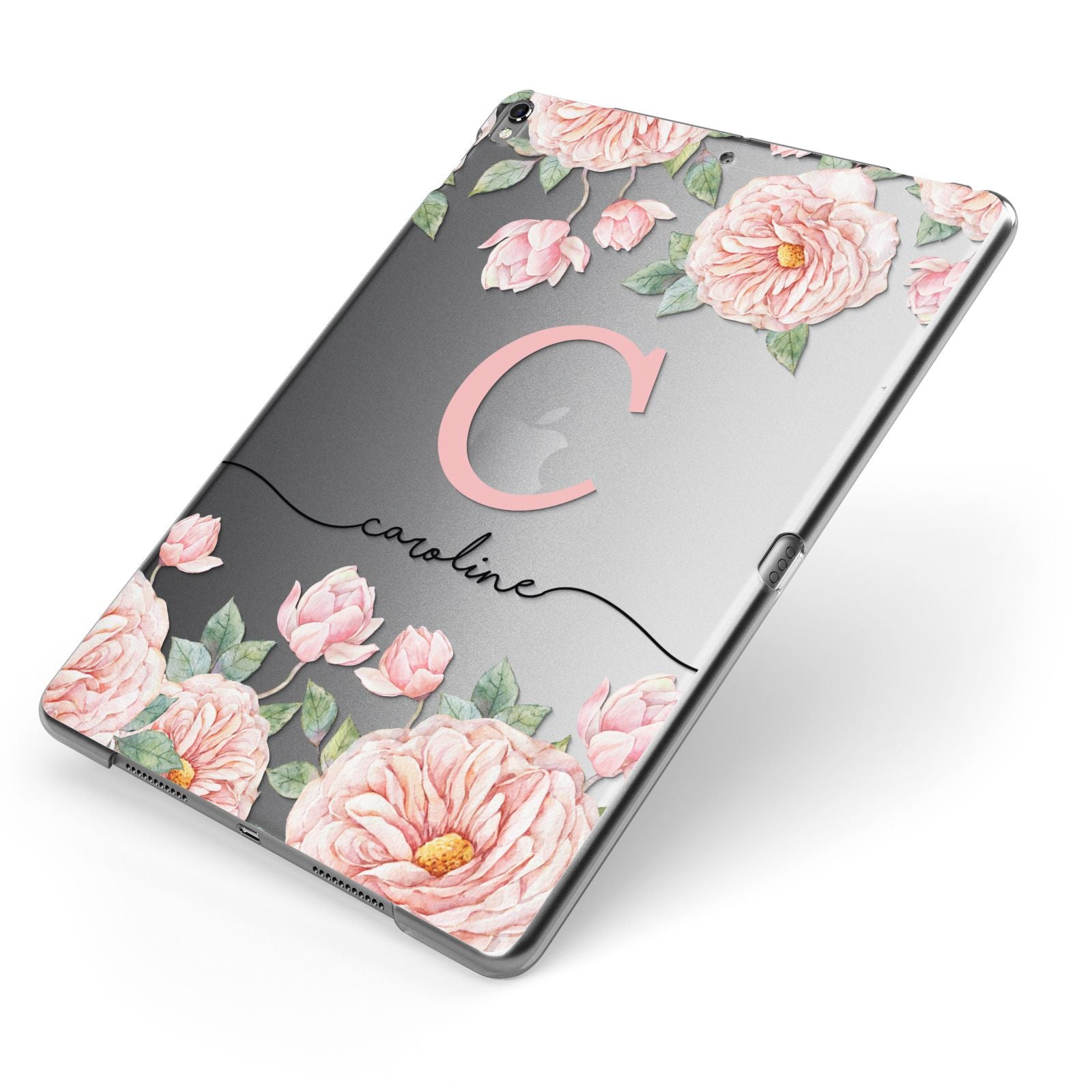 Personalised Pink Flowers Apple iPad Case on Grey iPad Side View