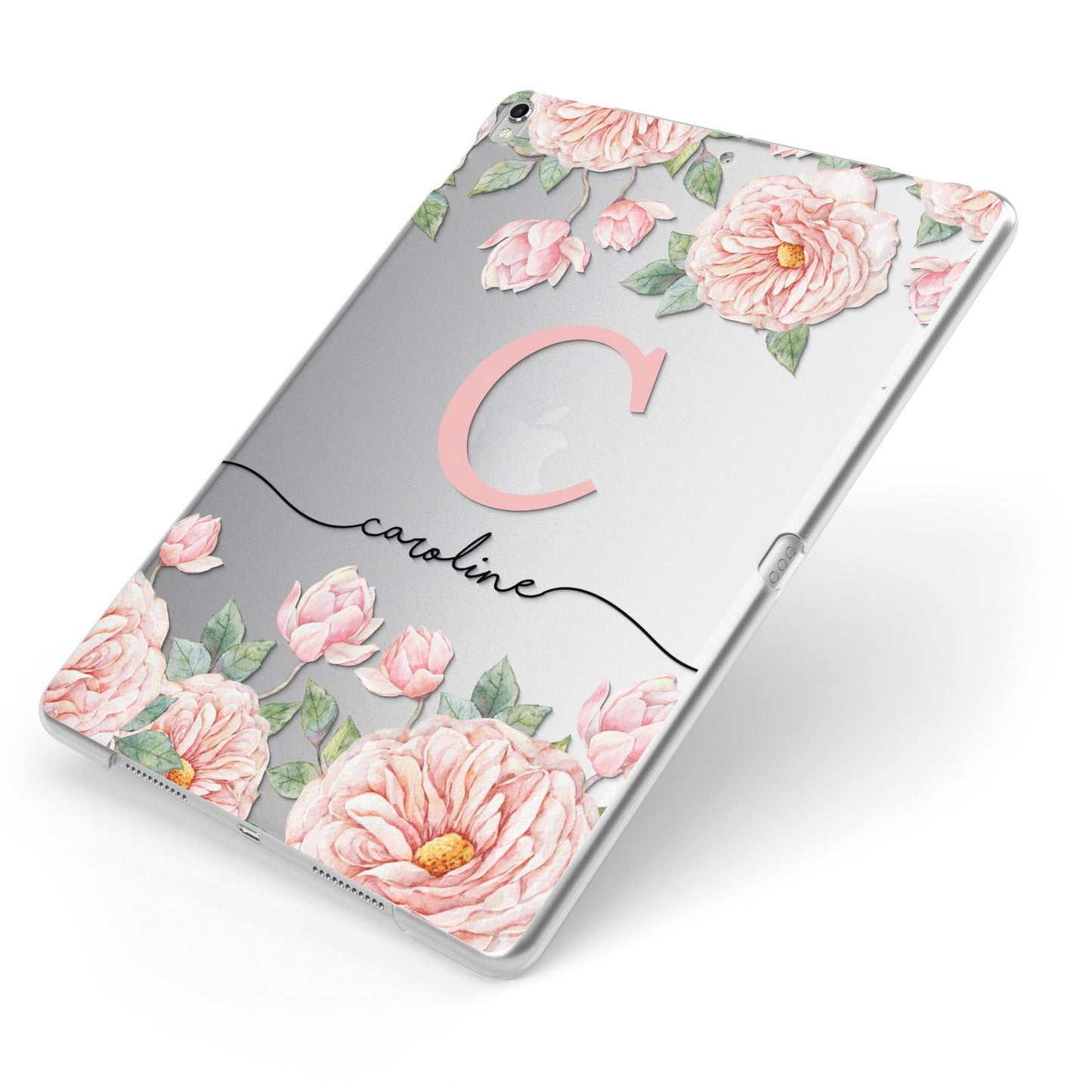 Personalised Pink Flowers Apple iPad Case on Silver iPad Side View