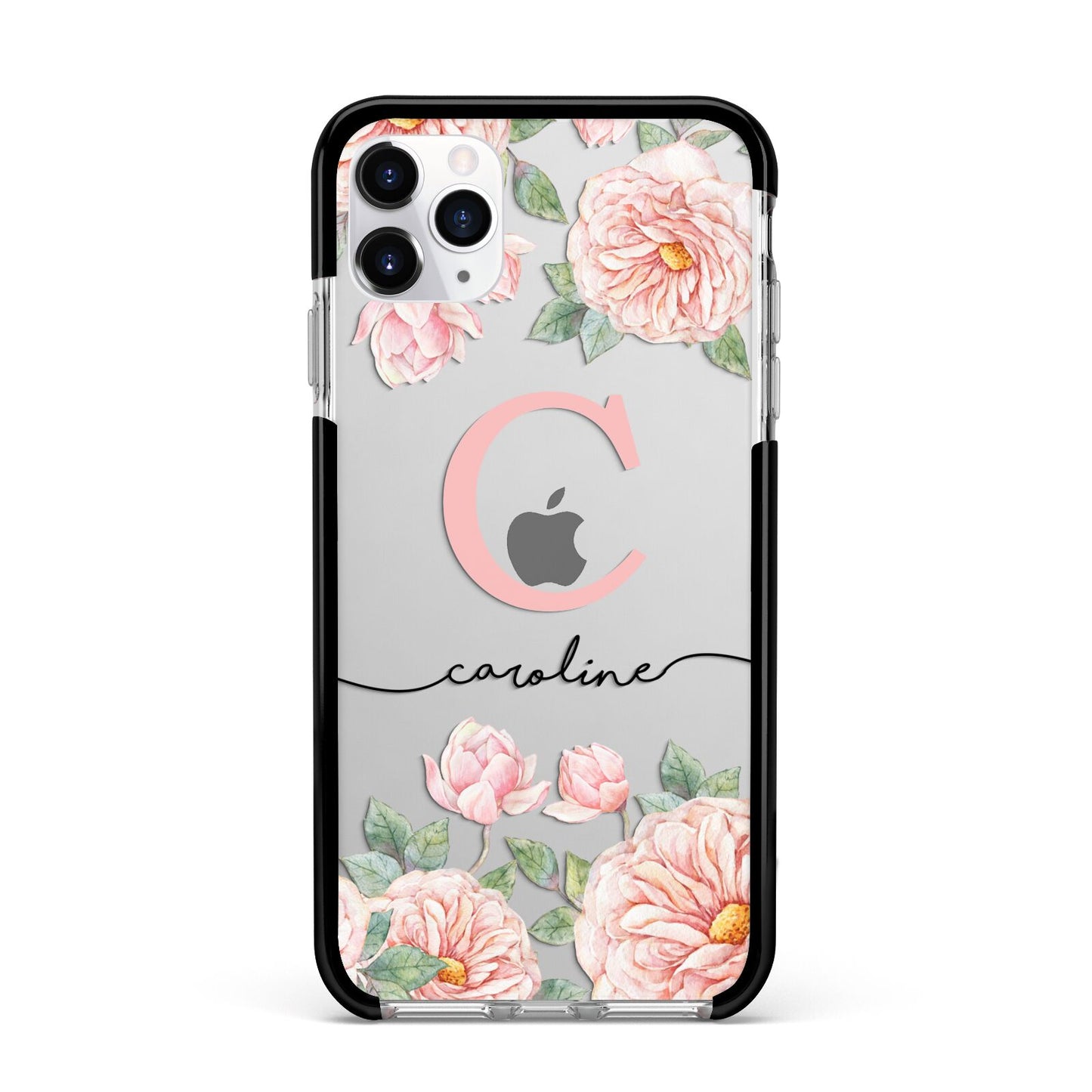 Personalised Pink Flowers Apple iPhone 11 Pro Max in Silver with Black Impact Case