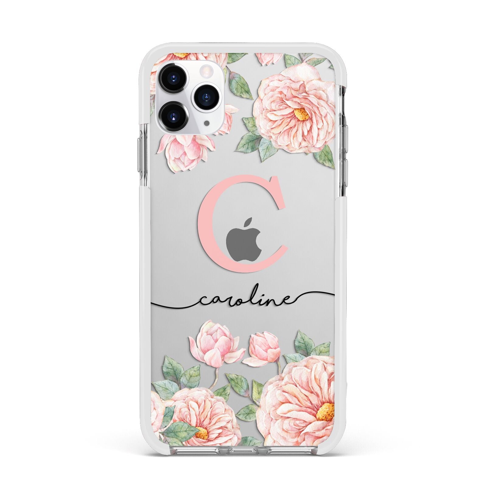 Personalised Pink Flowers Apple iPhone 11 Pro Max in Silver with White Impact Case