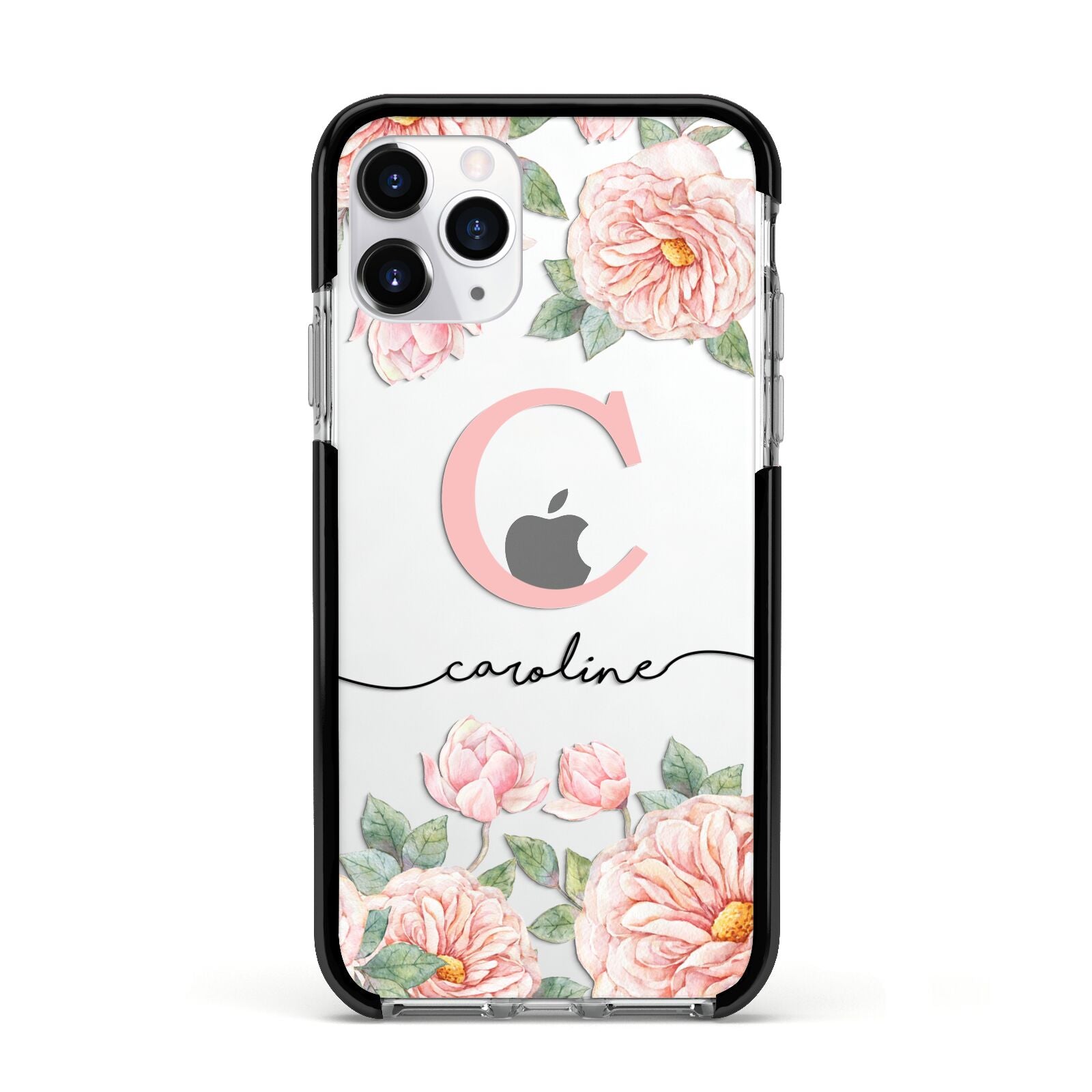 Personalised Pink Flowers Apple iPhone 11 Pro in Silver with Black Impact Case