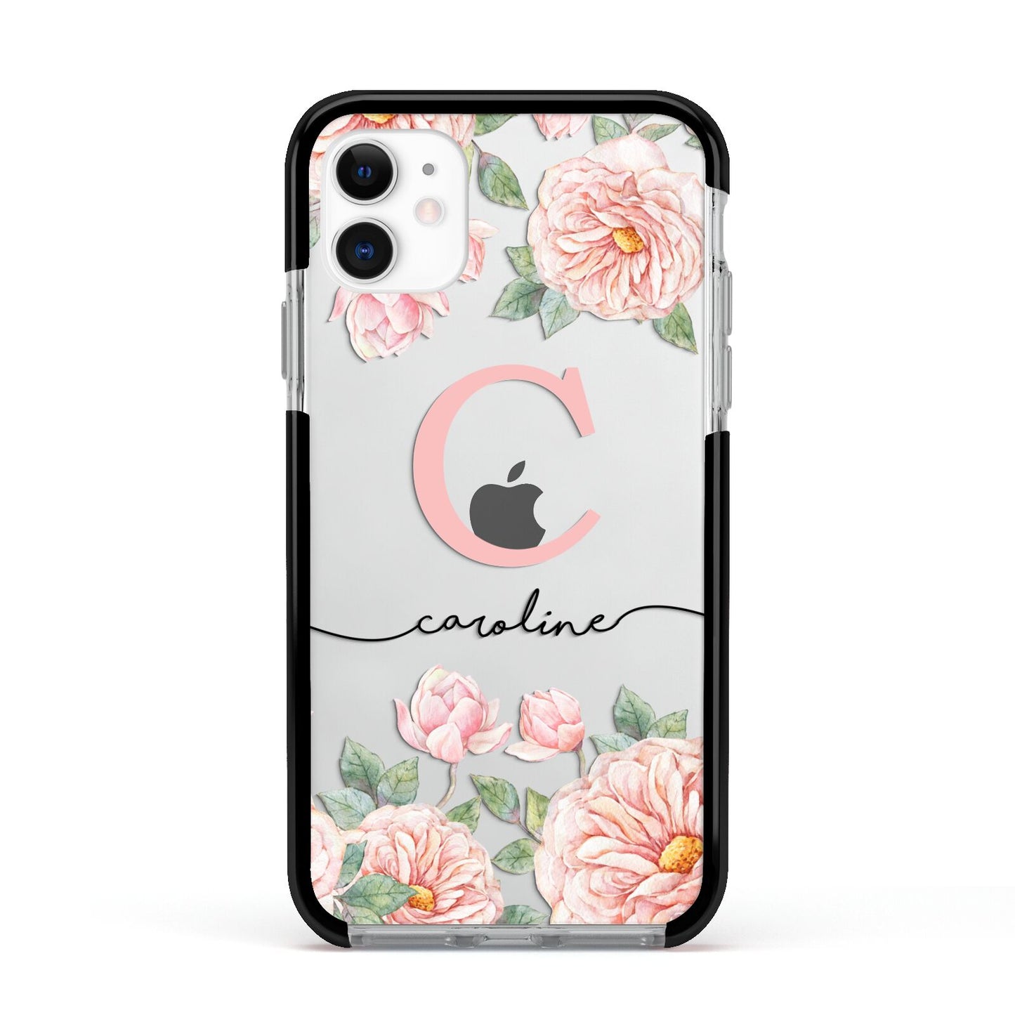 Personalised Pink Flowers Apple iPhone 11 in White with Black Impact Case