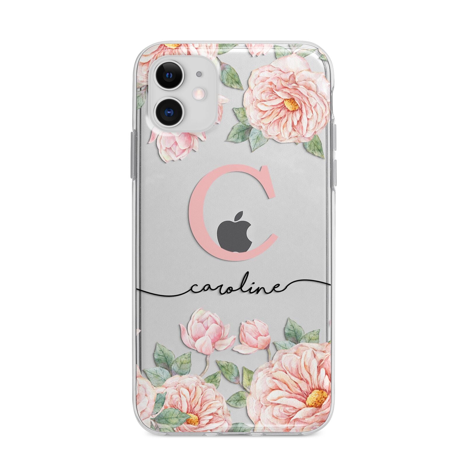 Personalised Pink Flowers Apple iPhone 11 in White with Bumper Case