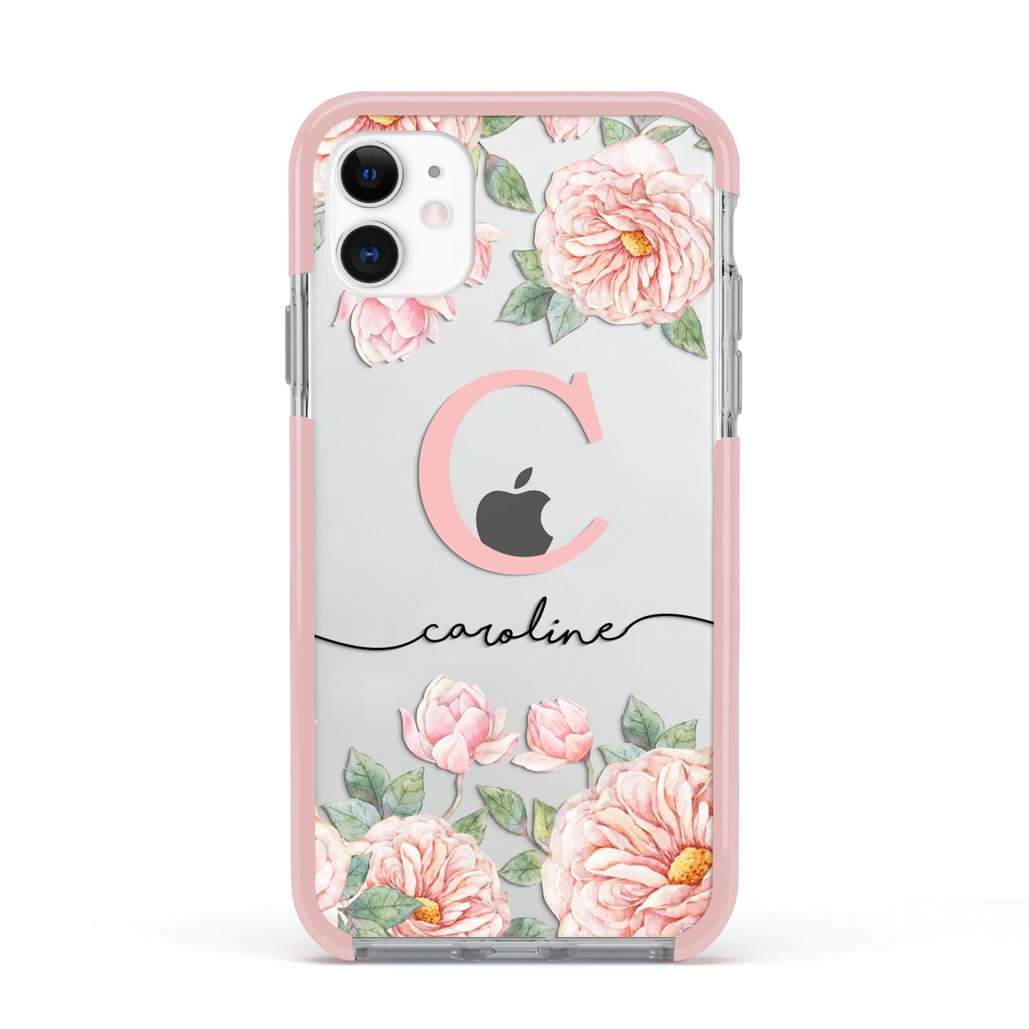 Personalised Pink Flowers Apple iPhone 11 in White with Pink Impact Case