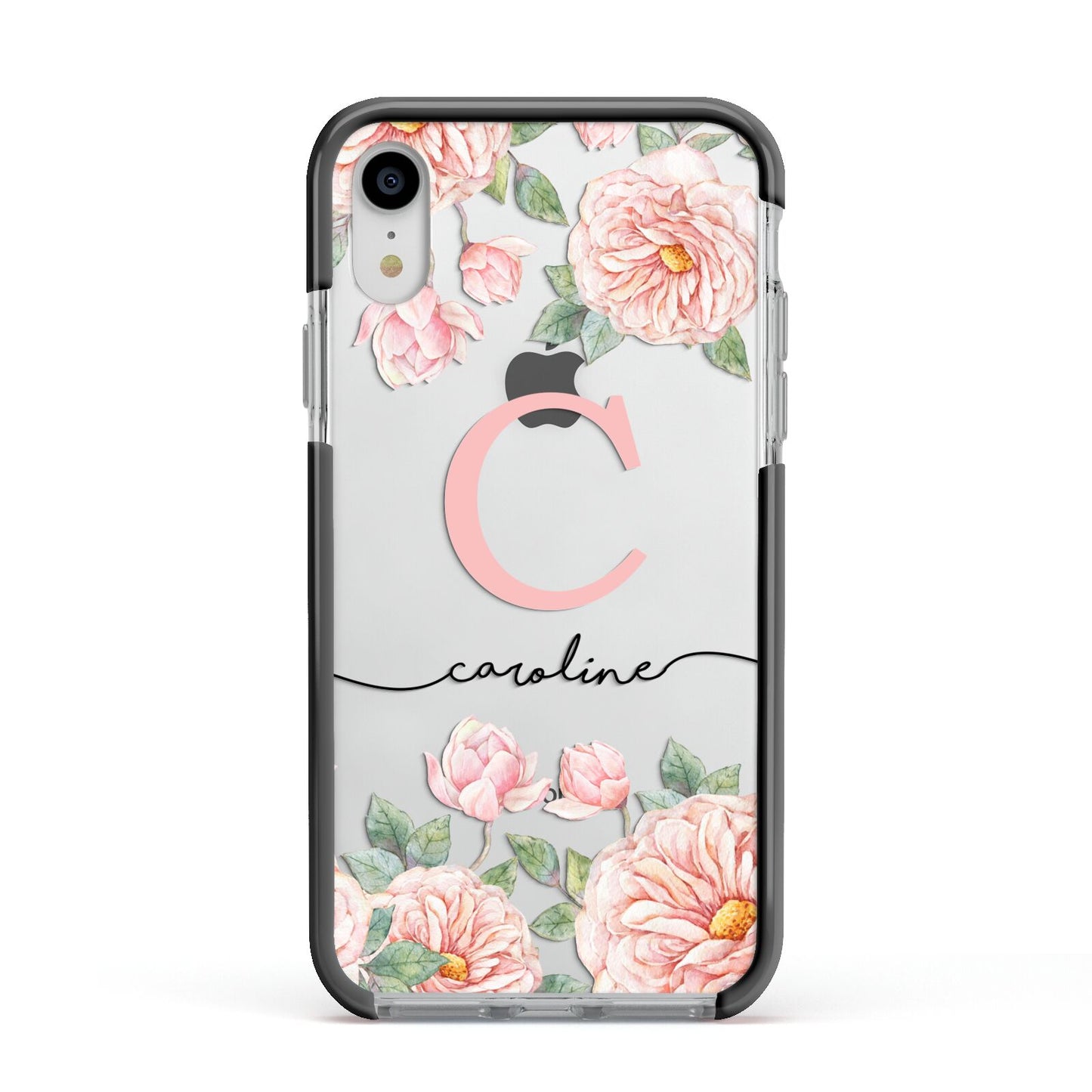 Personalised Pink Flowers Apple iPhone XR Impact Case Black Edge on Silver Phone
