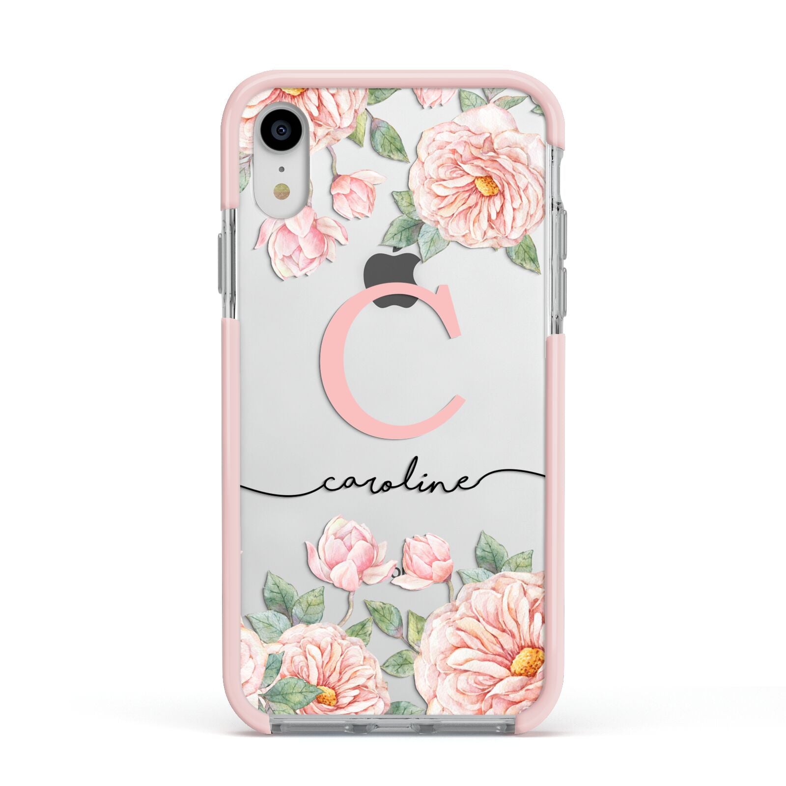Personalised Pink Flowers Apple iPhone XR Impact Case Pink Edge on Silver Phone
