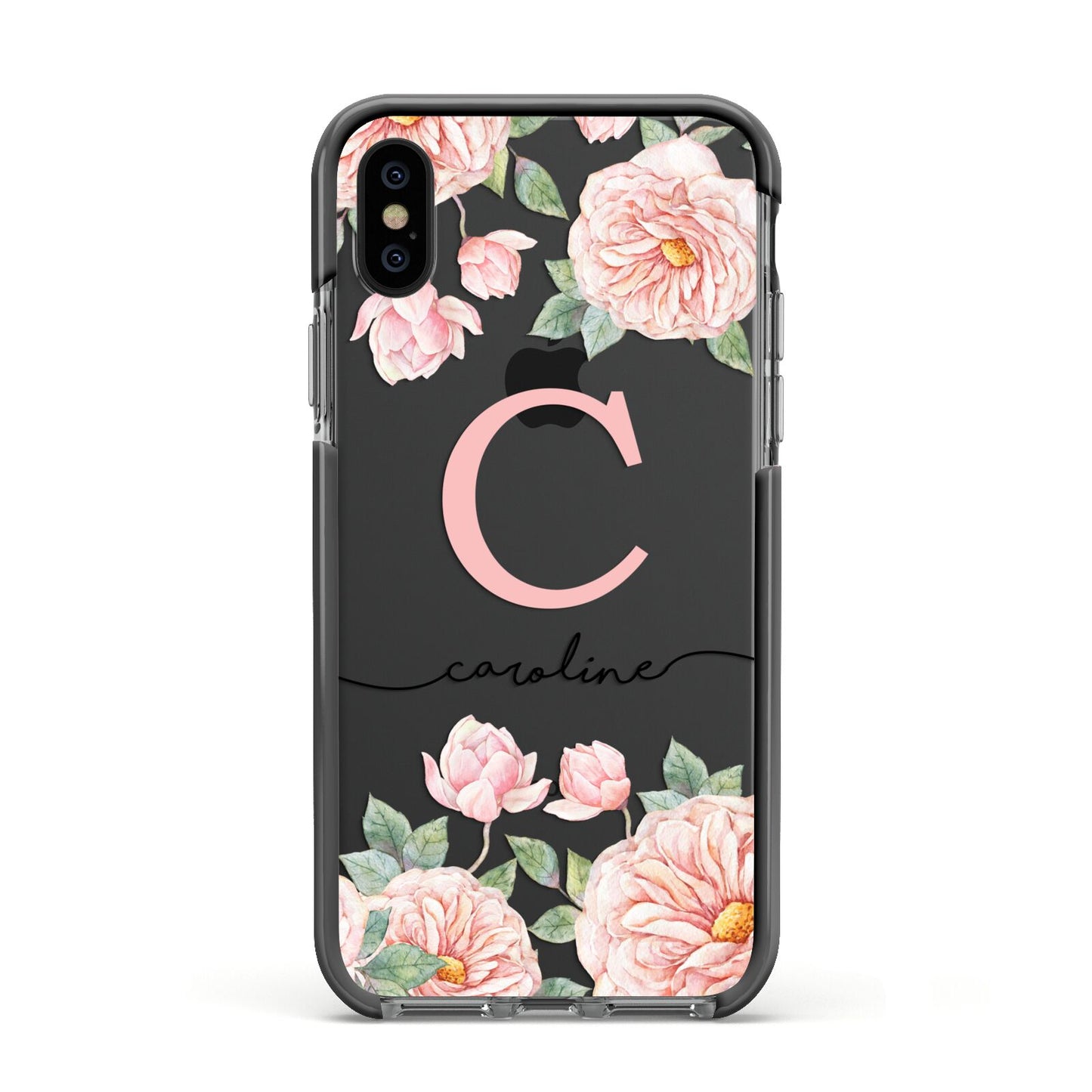 Personalised Pink Flowers Apple iPhone Xs Impact Case Black Edge on Black Phone