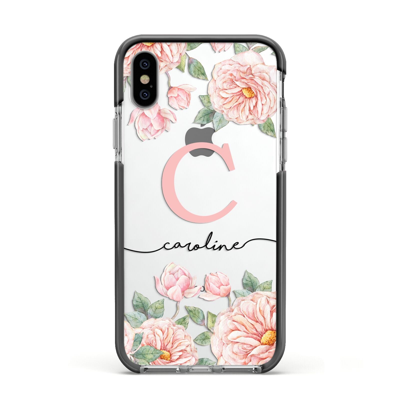Personalised Pink Flowers Apple iPhone Xs Impact Case Black Edge on Silver Phone
