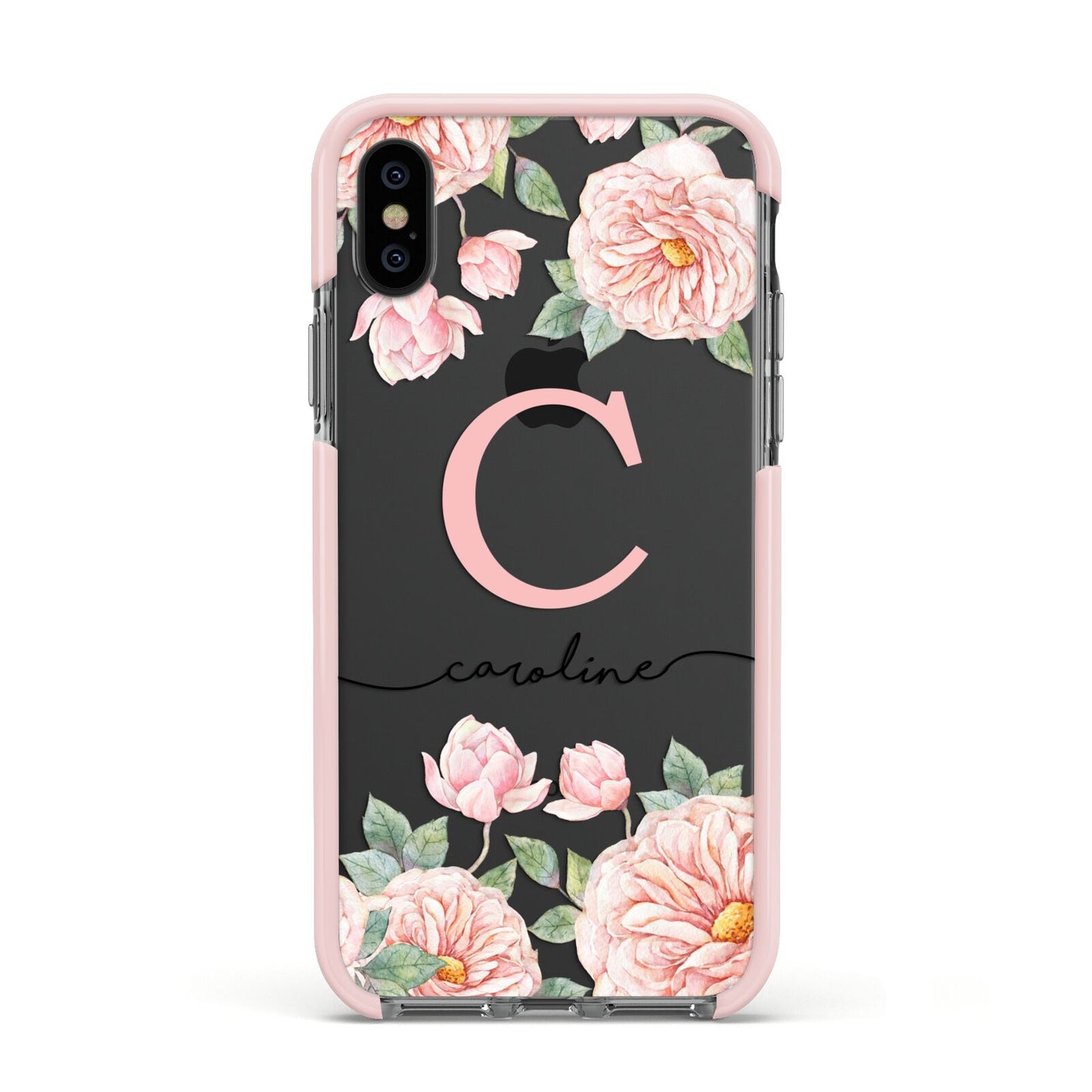 Personalised Pink Flowers Apple iPhone Xs Impact Case Pink Edge on Black Phone
