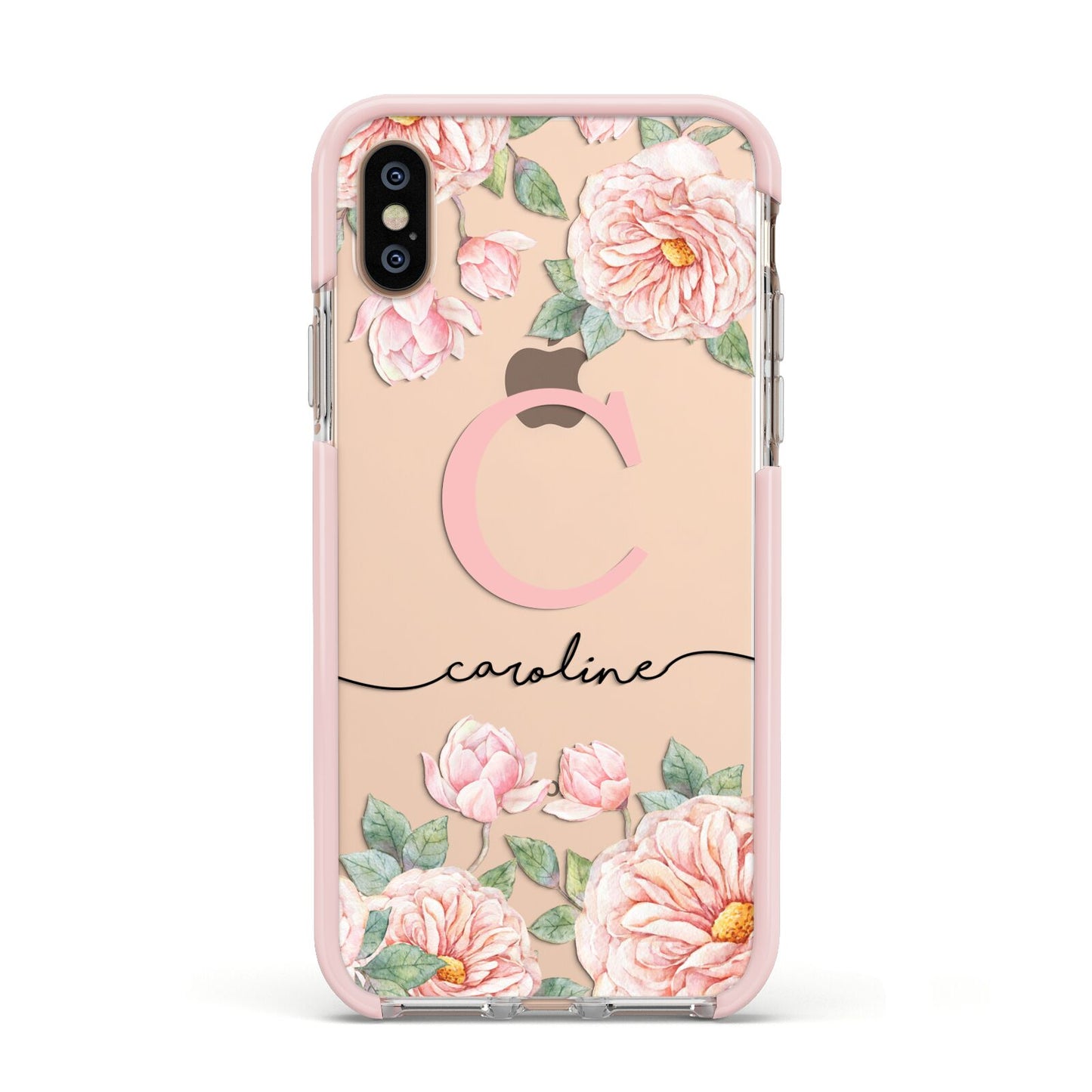 Personalised Pink Flowers Apple iPhone Xs Impact Case Pink Edge on Gold Phone