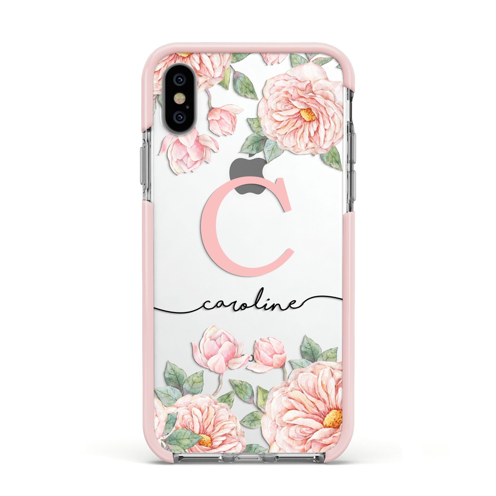 Personalised Pink Flowers Apple iPhone Xs Impact Case Pink Edge on Silver Phone