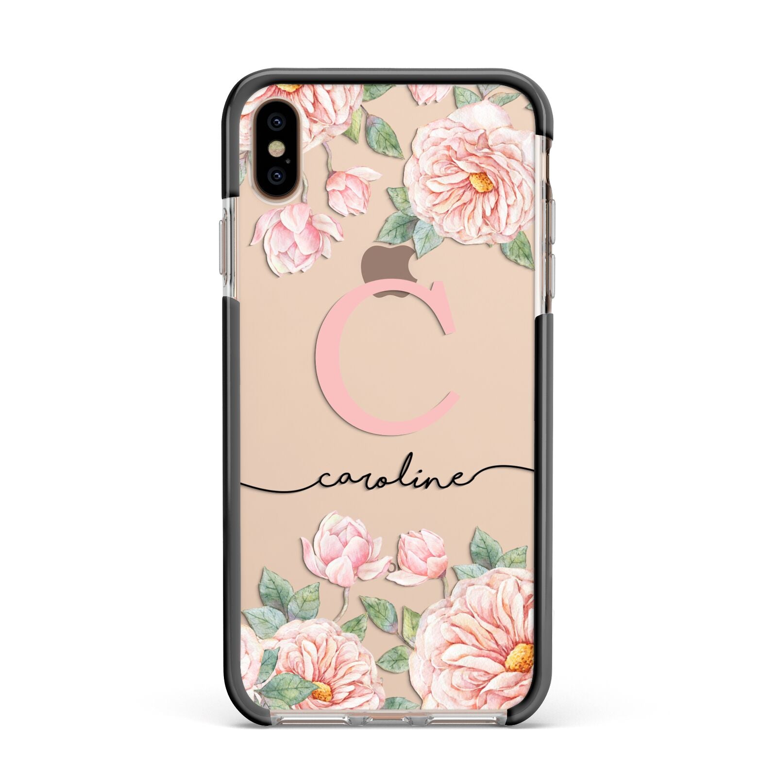 Personalised Pink Flowers Apple iPhone Xs Max Impact Case Black Edge on Gold Phone