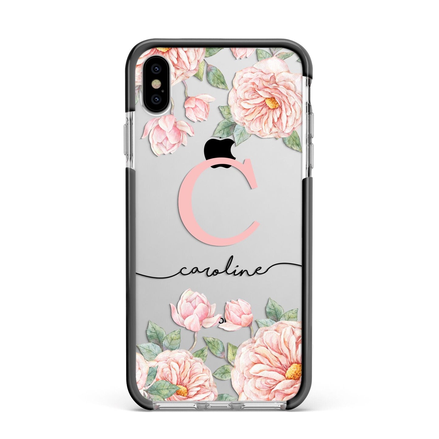 Personalised Pink Flowers Apple iPhone Xs Max Impact Case Black Edge on Silver Phone