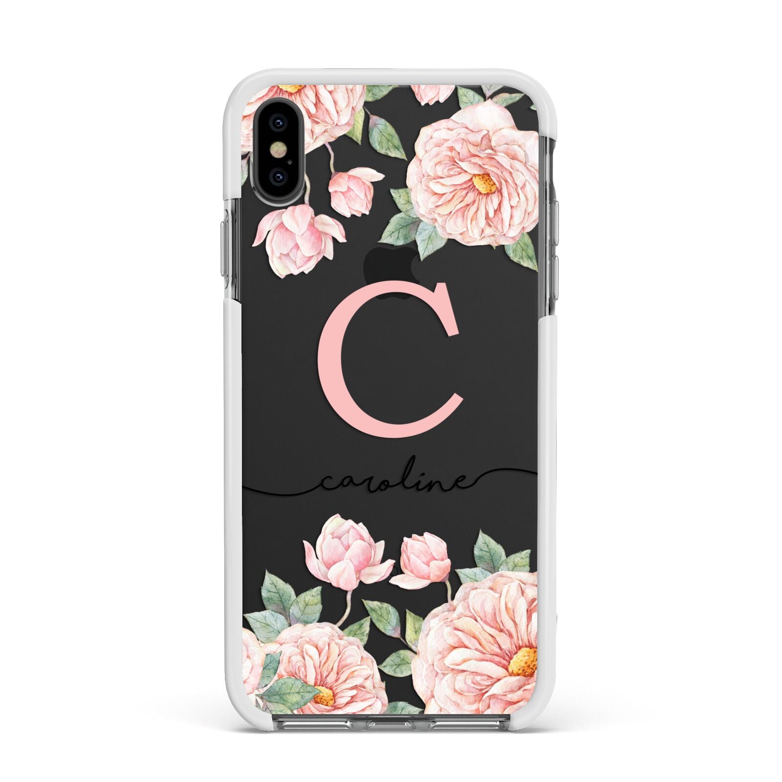 Personalised Pink Flowers Apple iPhone Xs Max Impact Case White Edge on Black Phone