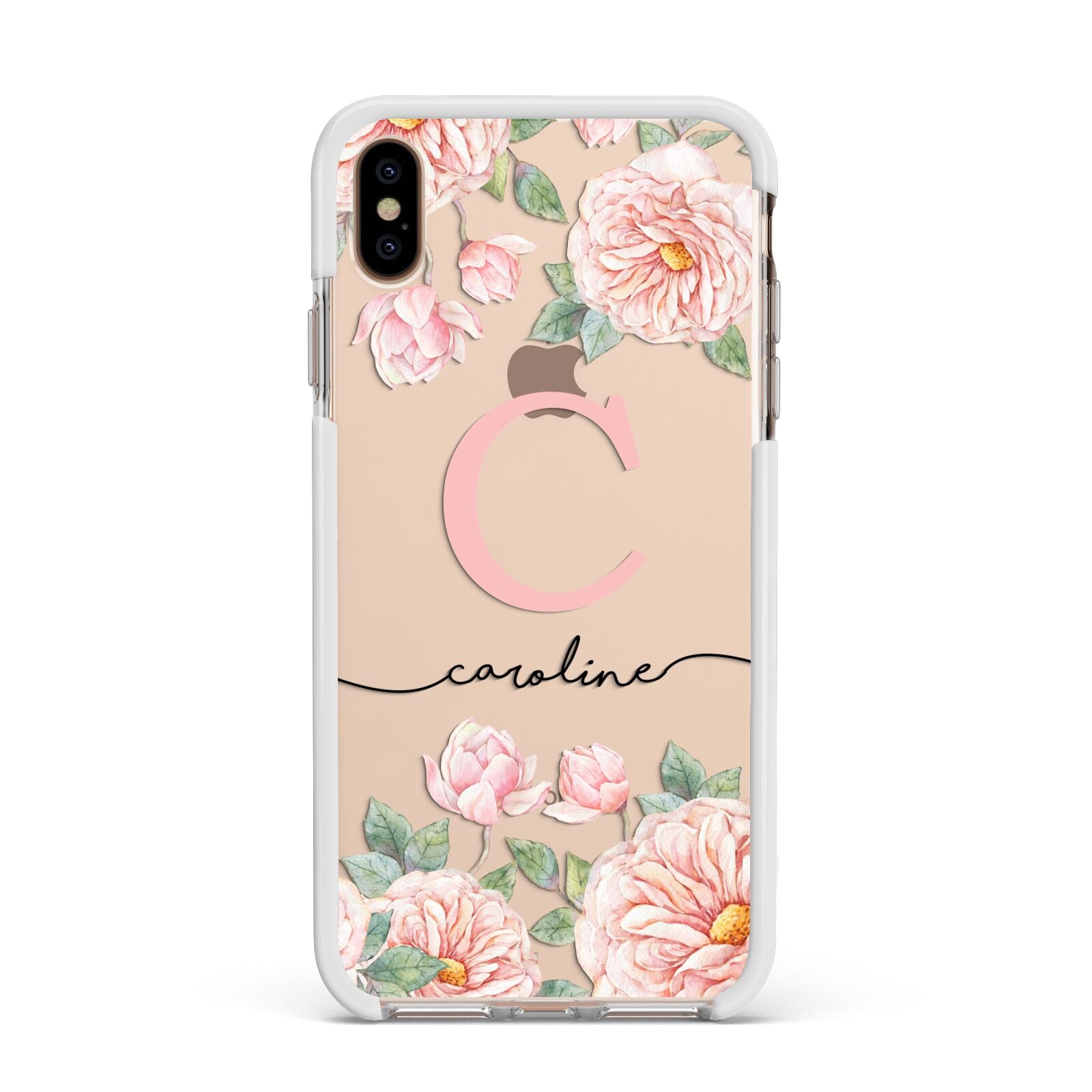 Personalised Pink Flowers Apple iPhone Xs Max Impact Case White Edge on Gold Phone