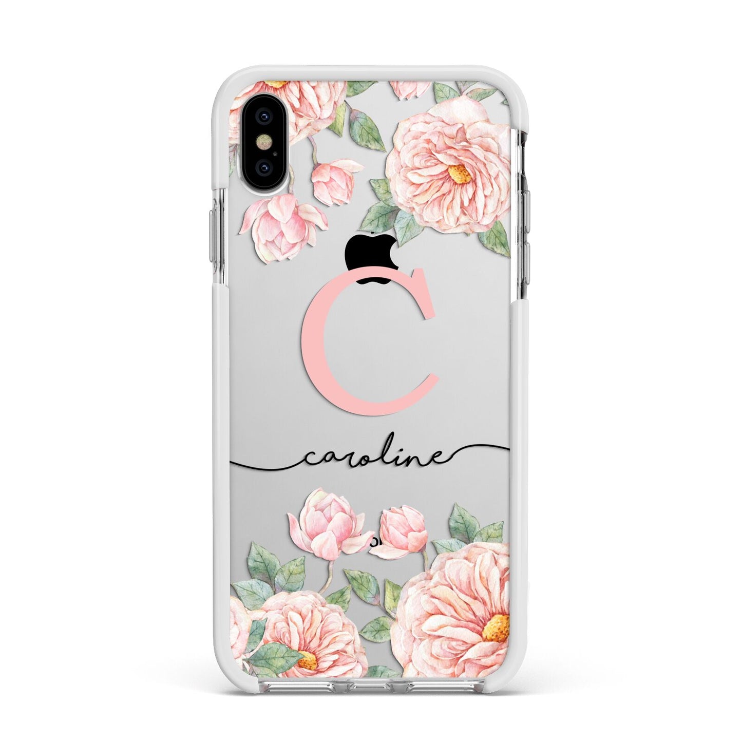 Personalised Pink Flowers Apple iPhone Xs Max Impact Case White Edge on Silver Phone