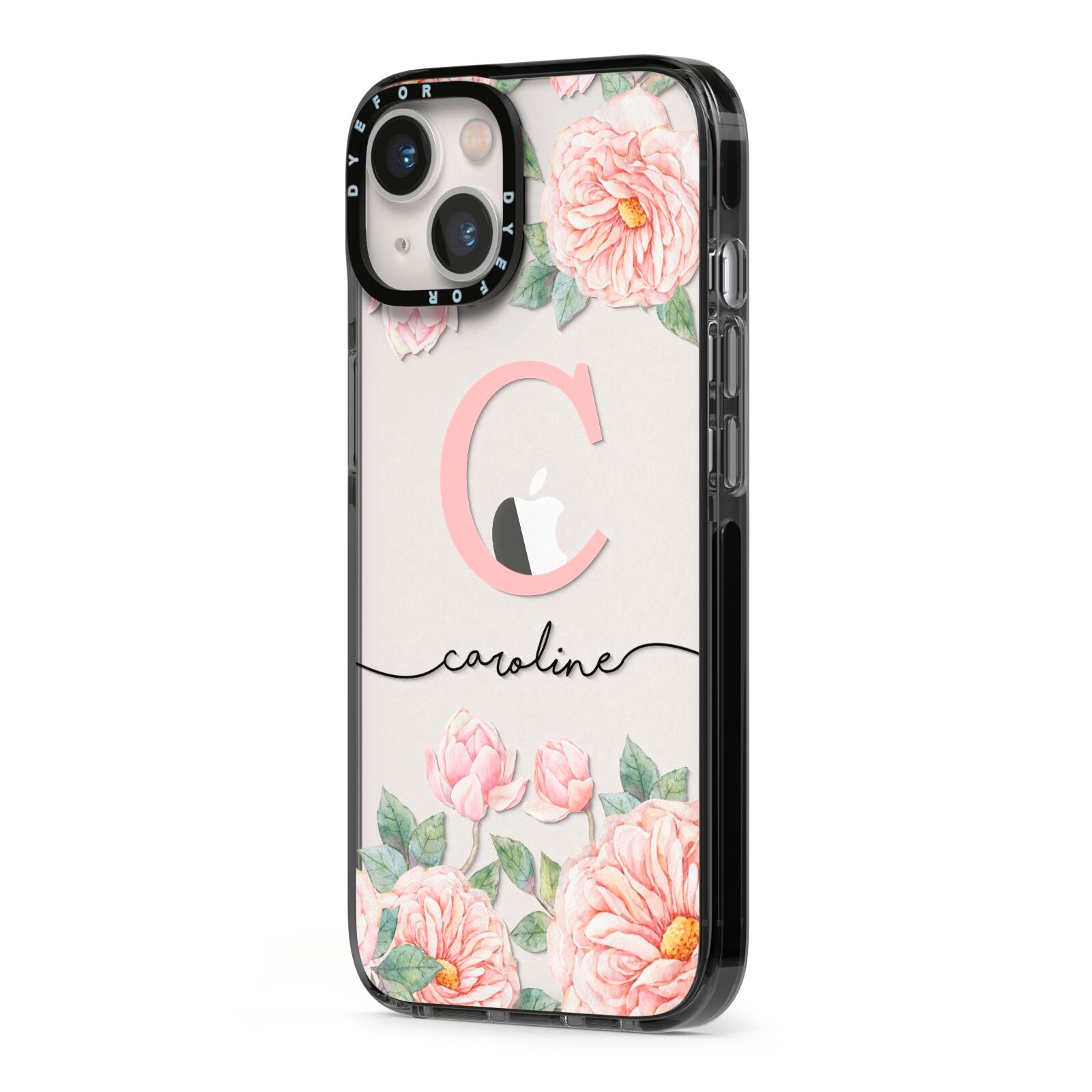 Personalised Pink Flowers iPhone 13 Black Impact Case Side Angle on Silver phone