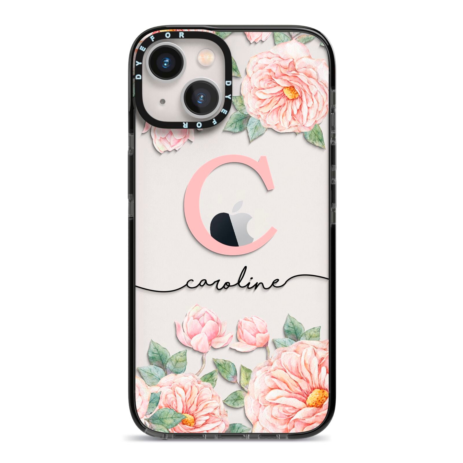 Personalised Pink Flowers iPhone 13 Black Impact Case on Silver phone