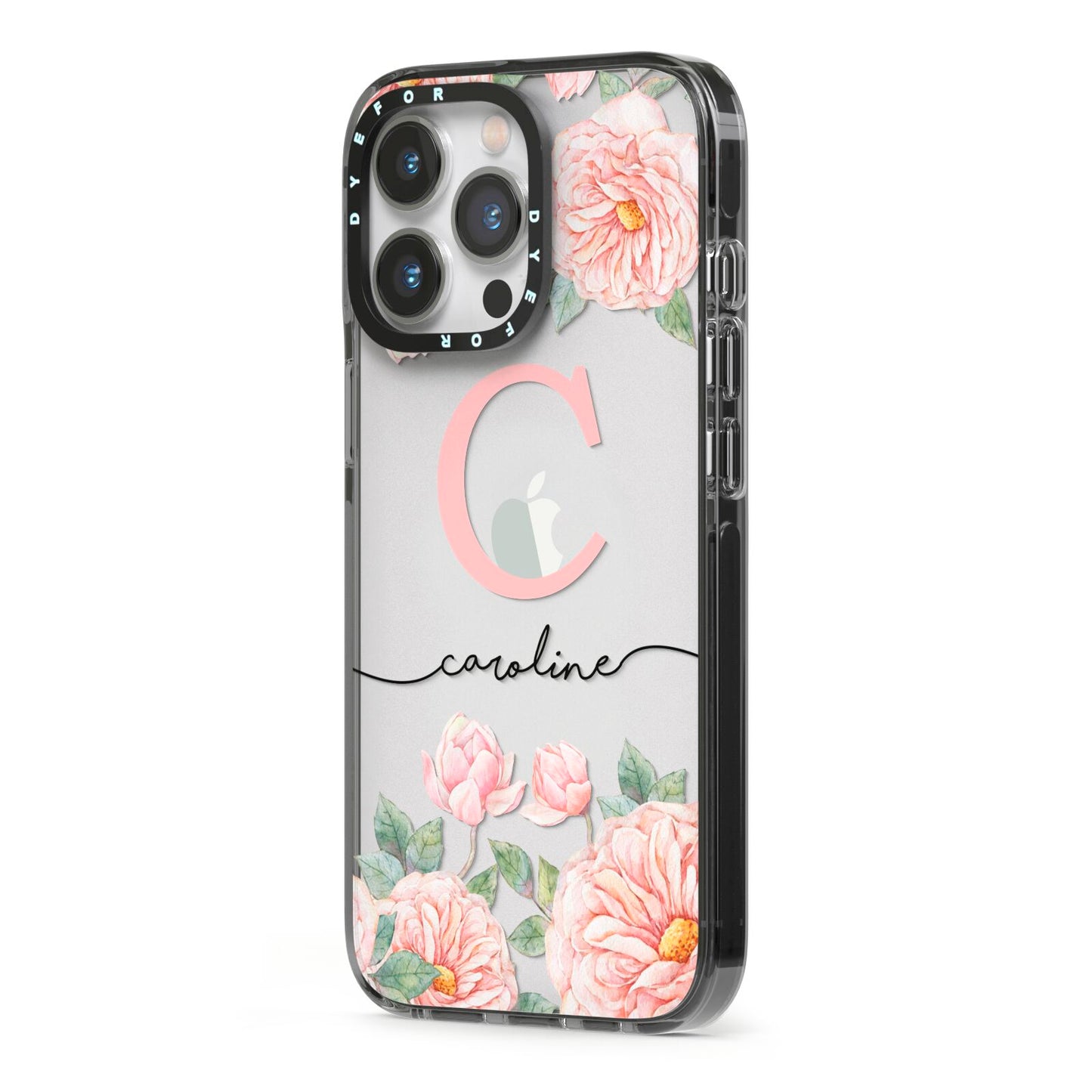 Personalised Pink Flowers iPhone 13 Pro Black Impact Case Side Angle on Silver phone