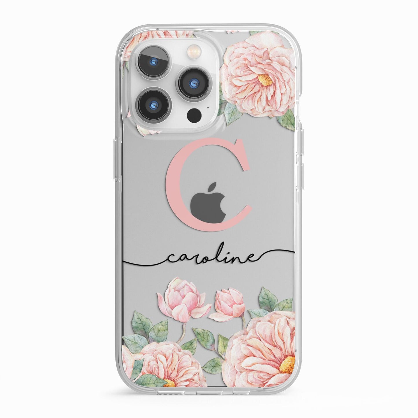 Personalised Pink Flowers iPhone 13 Pro TPU Impact Case with White Edges