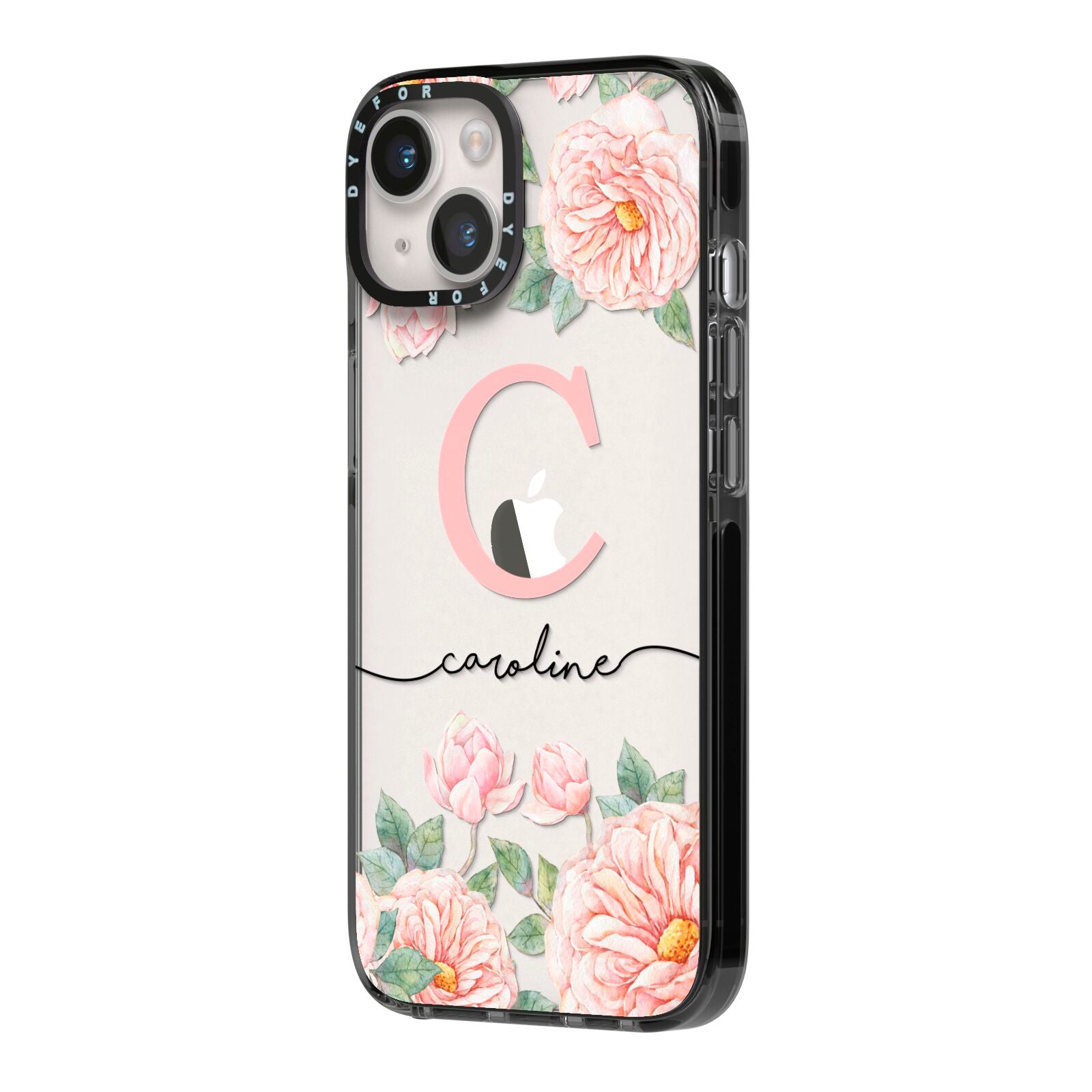 Personalised Pink Flowers iPhone 14 Black Impact Case Side Angle on Silver phone
