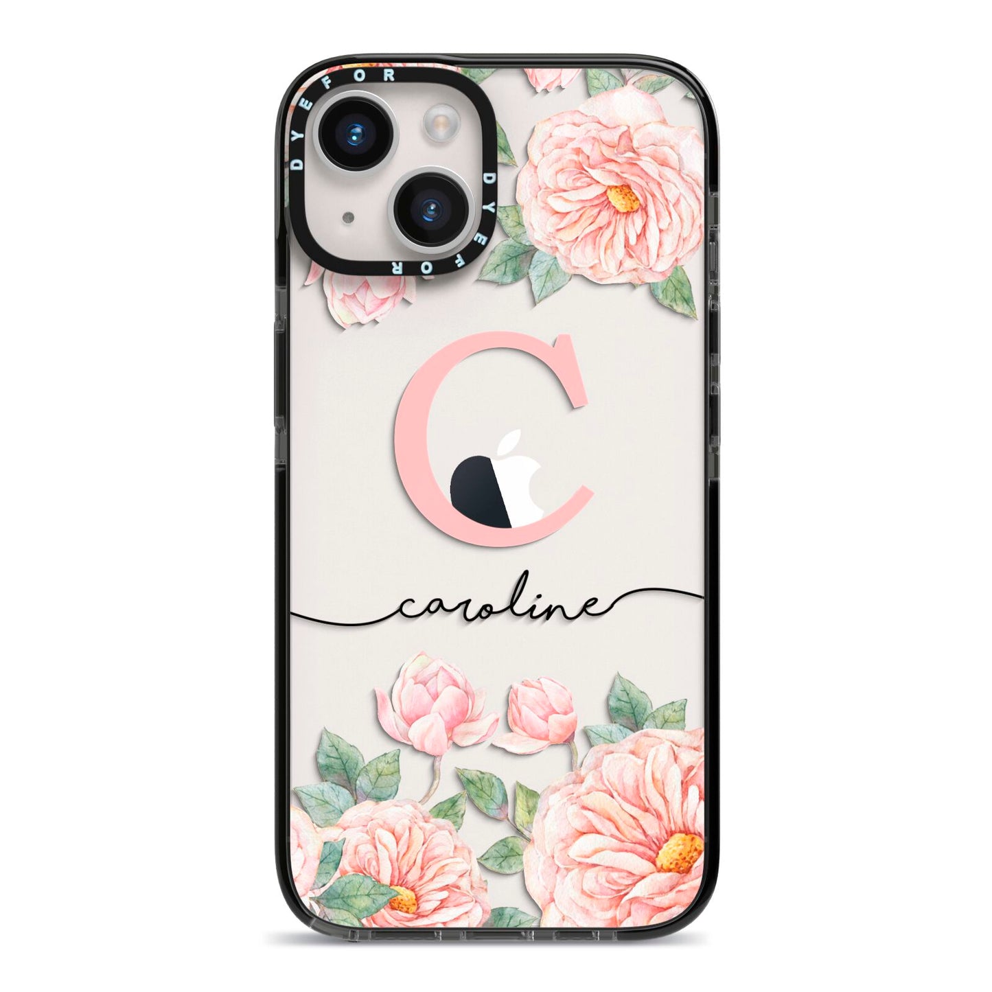 Personalised Pink Flowers iPhone 14 Black Impact Case on Silver phone