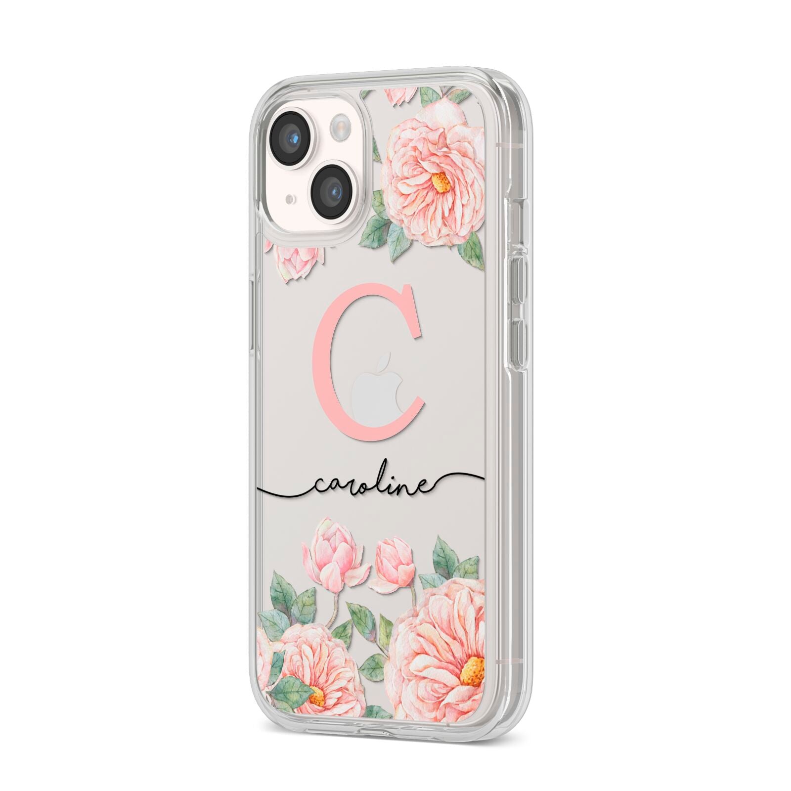 Personalised Pink Flowers iPhone 14 Clear Tough Case Starlight Angled Image