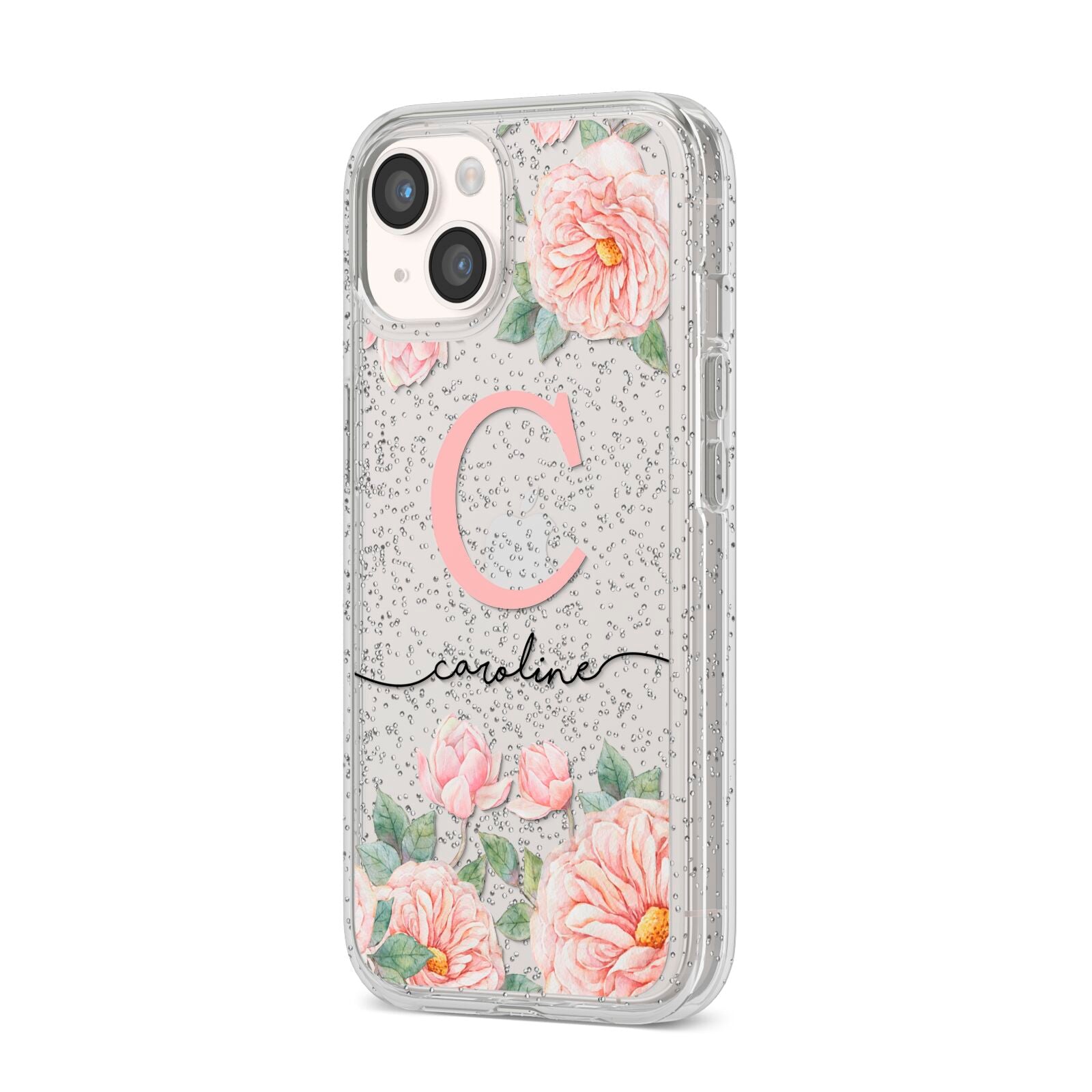 Personalised Pink Flowers iPhone 14 Glitter Tough Case Starlight Angled Image