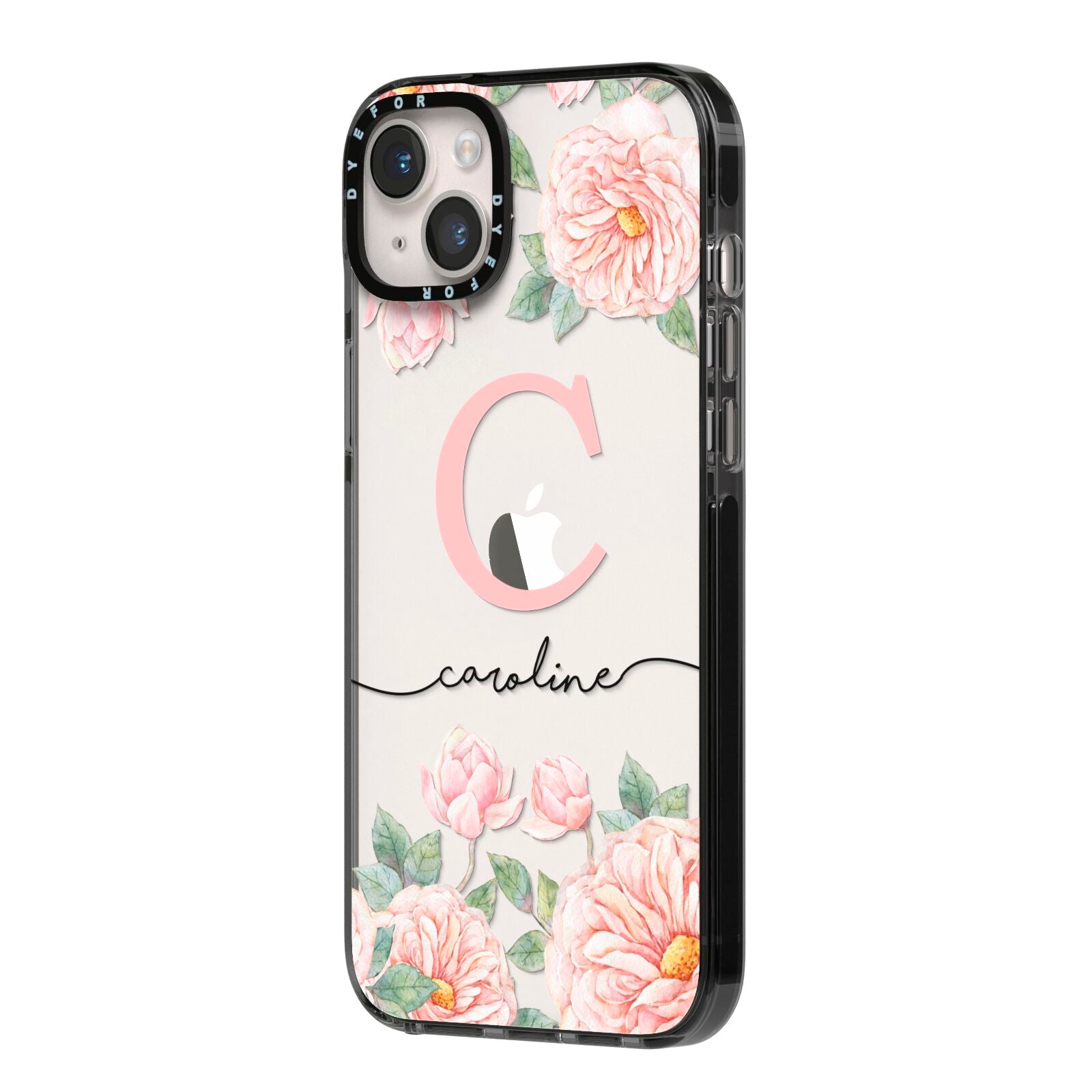 Personalised Pink Flowers iPhone 14 Plus Black Impact Case Side Angle on Silver phone