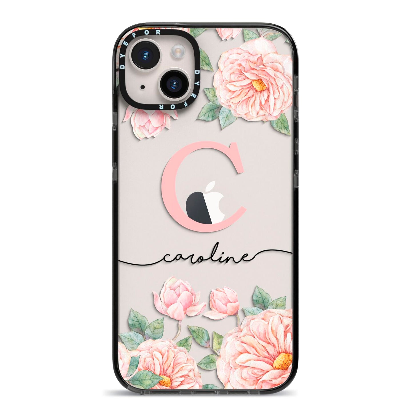 Personalised Pink Flowers iPhone 14 Plus Black Impact Case on Silver phone