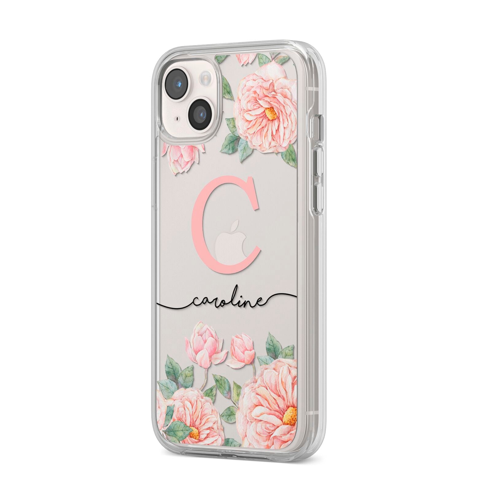 Personalised Pink Flowers iPhone 14 Plus Clear Tough Case Starlight Angled Image