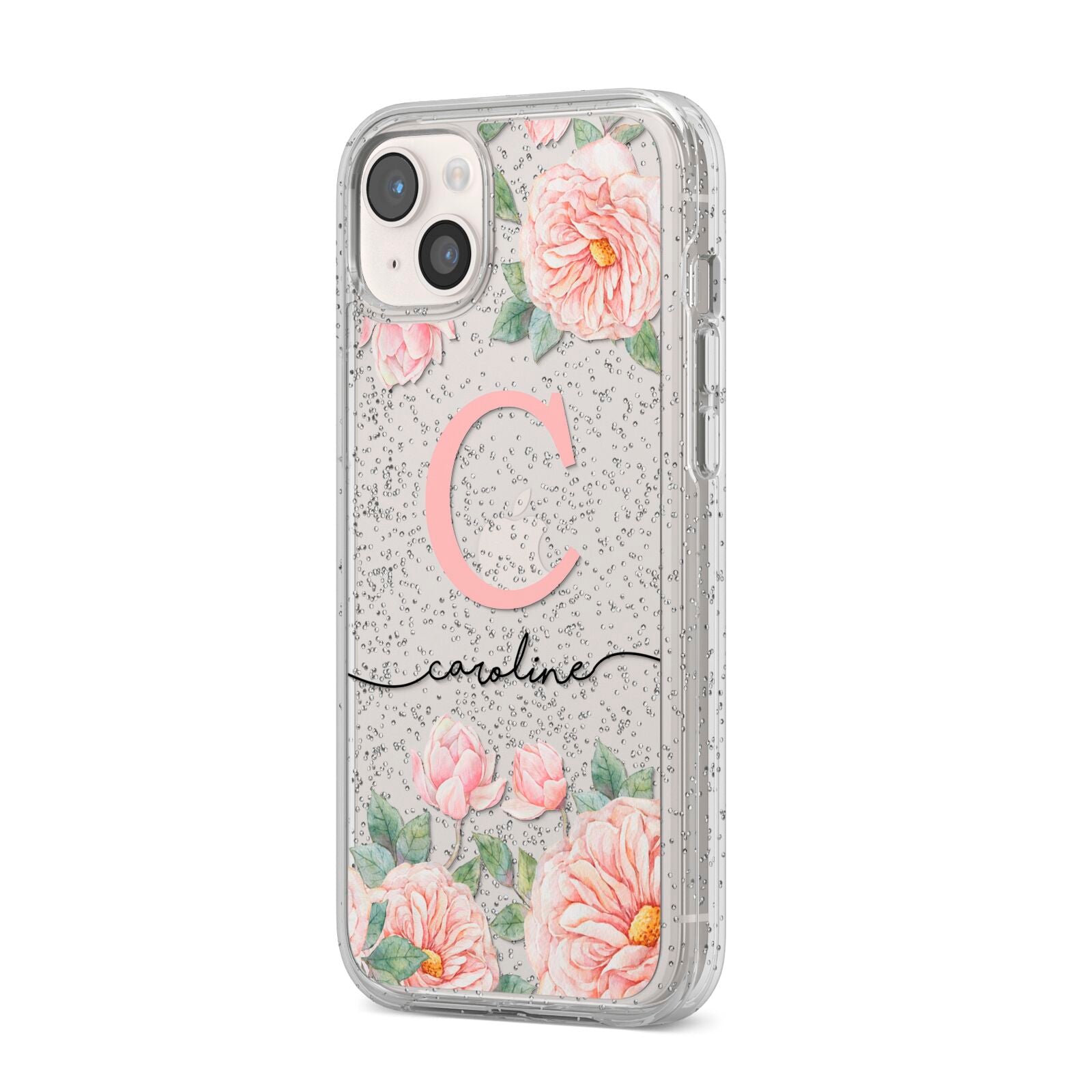 Personalised Pink Flowers iPhone 14 Plus Glitter Tough Case Starlight Angled Image