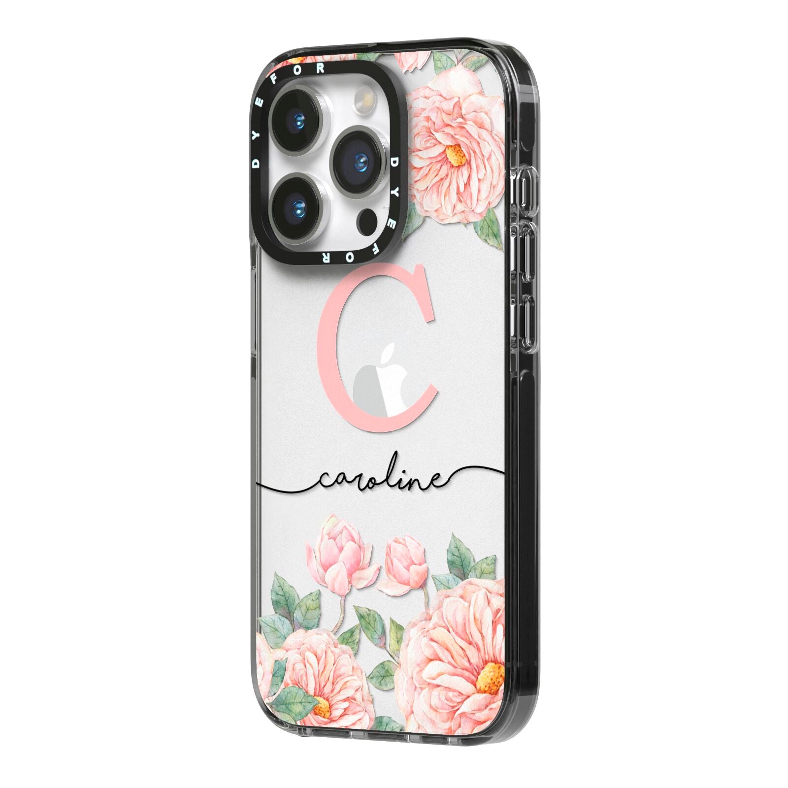 Personalised Pink Flowers iPhone 14 Pro Black Impact Case Side Angle on Silver phone