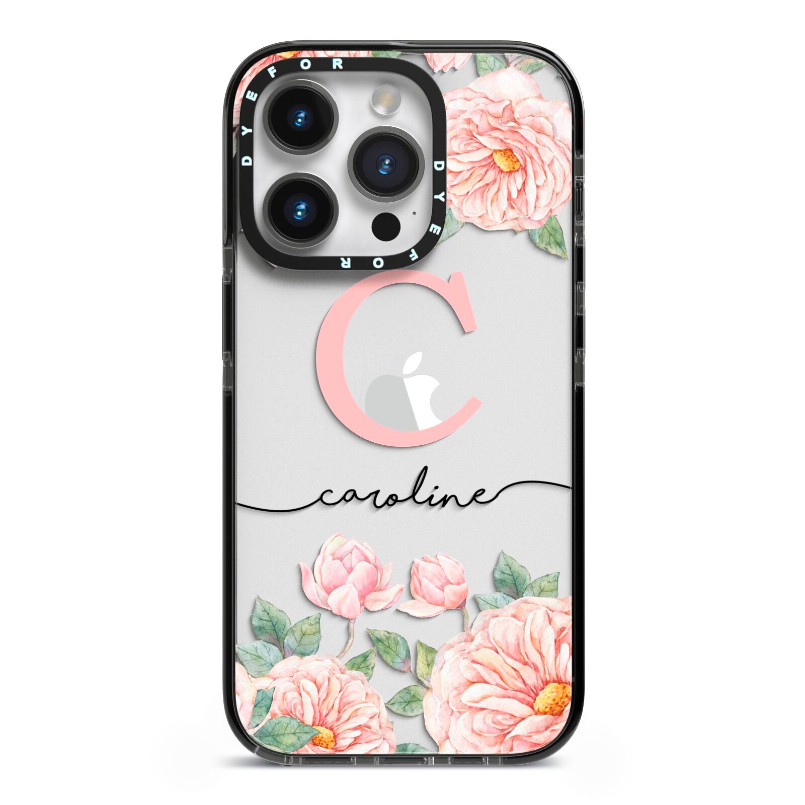 Personalised Pink Flowers iPhone 14 Pro Black Impact Case on Silver phone