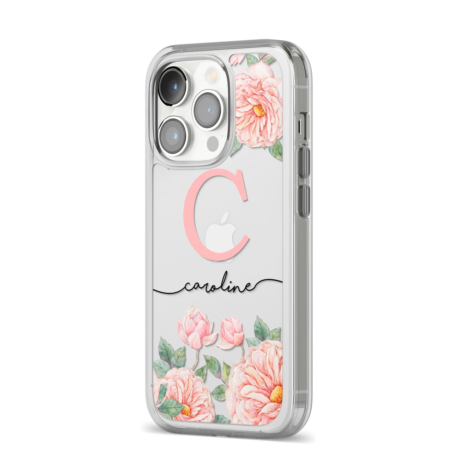 Personalised Pink Flowers iPhone 14 Pro Clear Tough Case Silver Angled Image