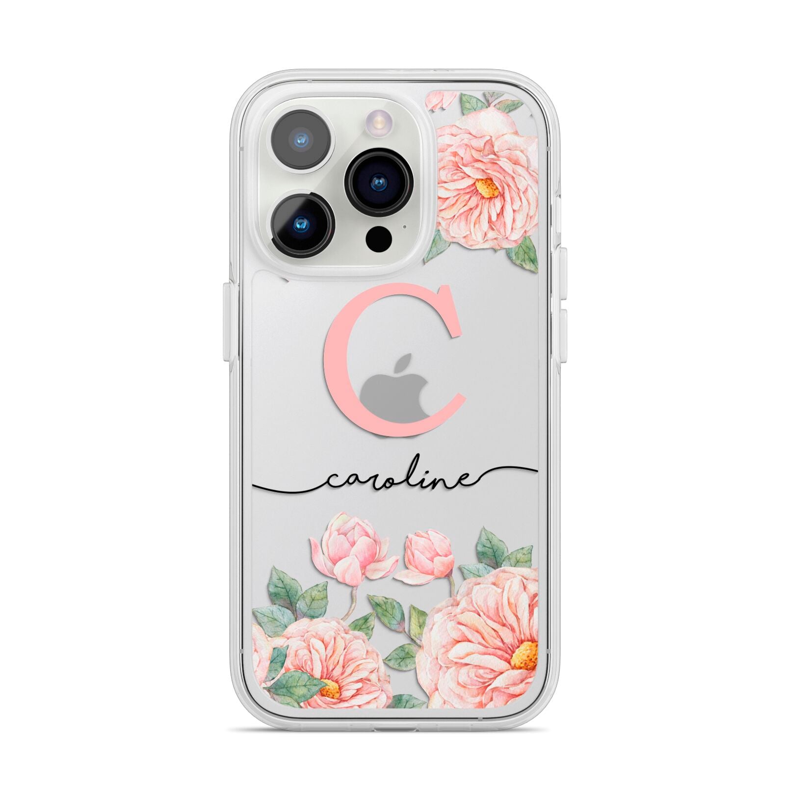 Personalised Pink Flowers iPhone 14 Pro Clear Tough Case Silver