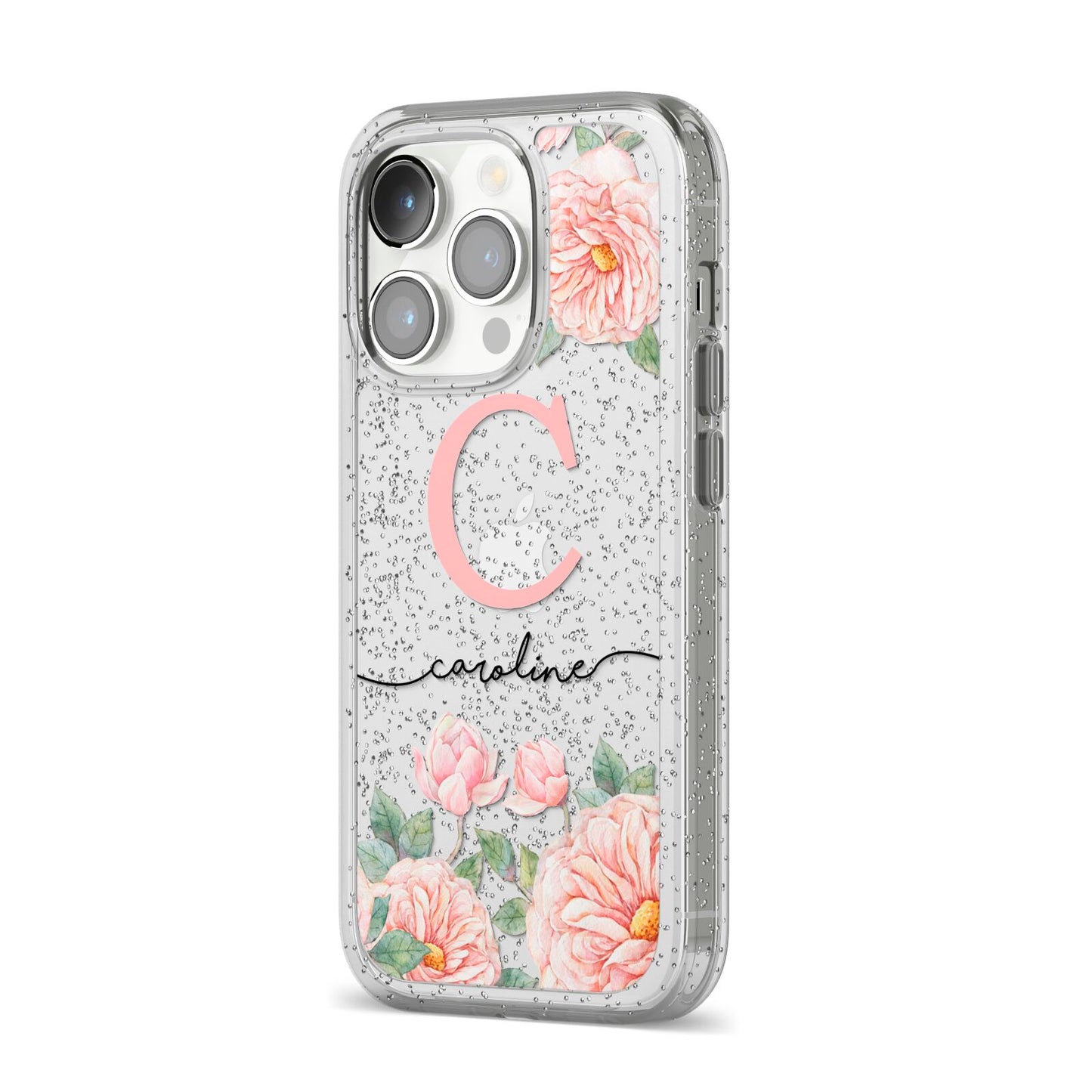 Personalised Pink Flowers iPhone 14 Pro Glitter Tough Case Silver Angled Image