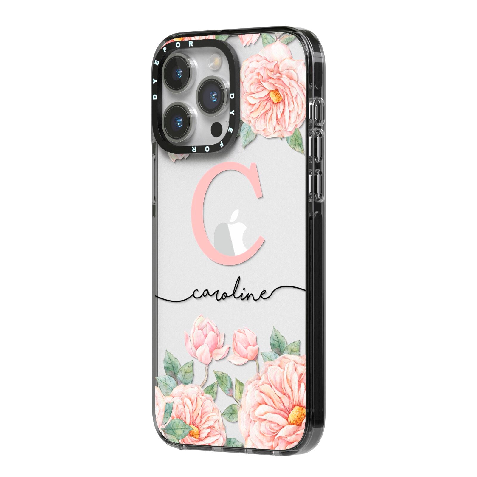 Personalised Pink Flowers iPhone 14 Pro Max Black Impact Case Side Angle on Silver phone