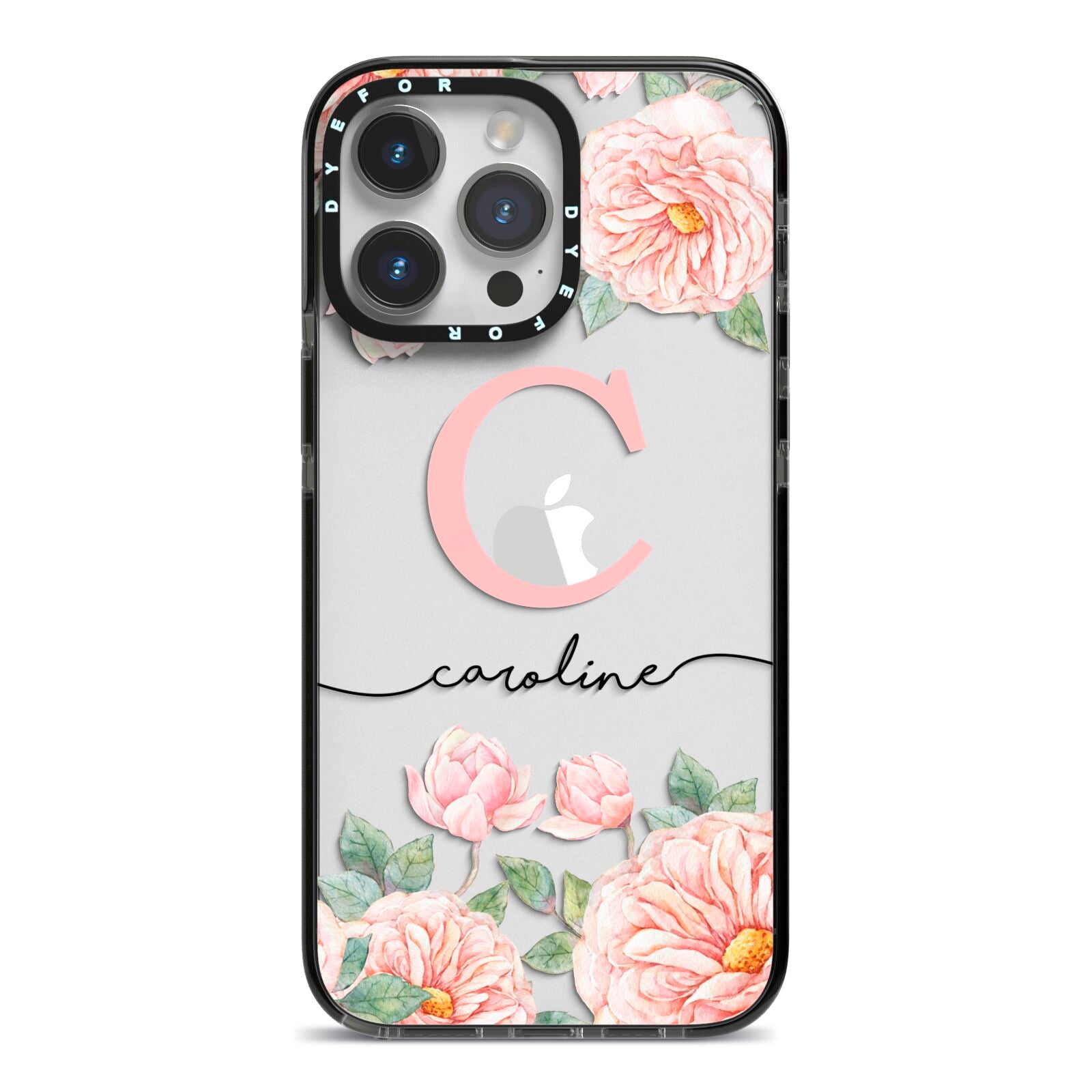Personalised Pink Flowers iPhone 14 Pro Max Black Impact Case on Silver phone