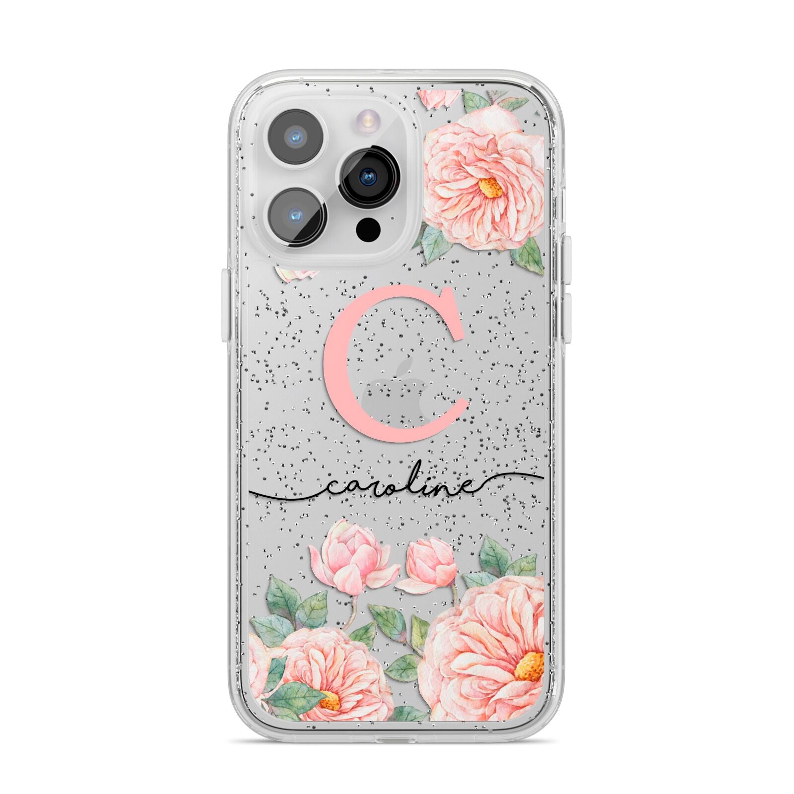 Personalised Pink Flowers iPhone 14 Pro Max Glitter Tough Case Silver