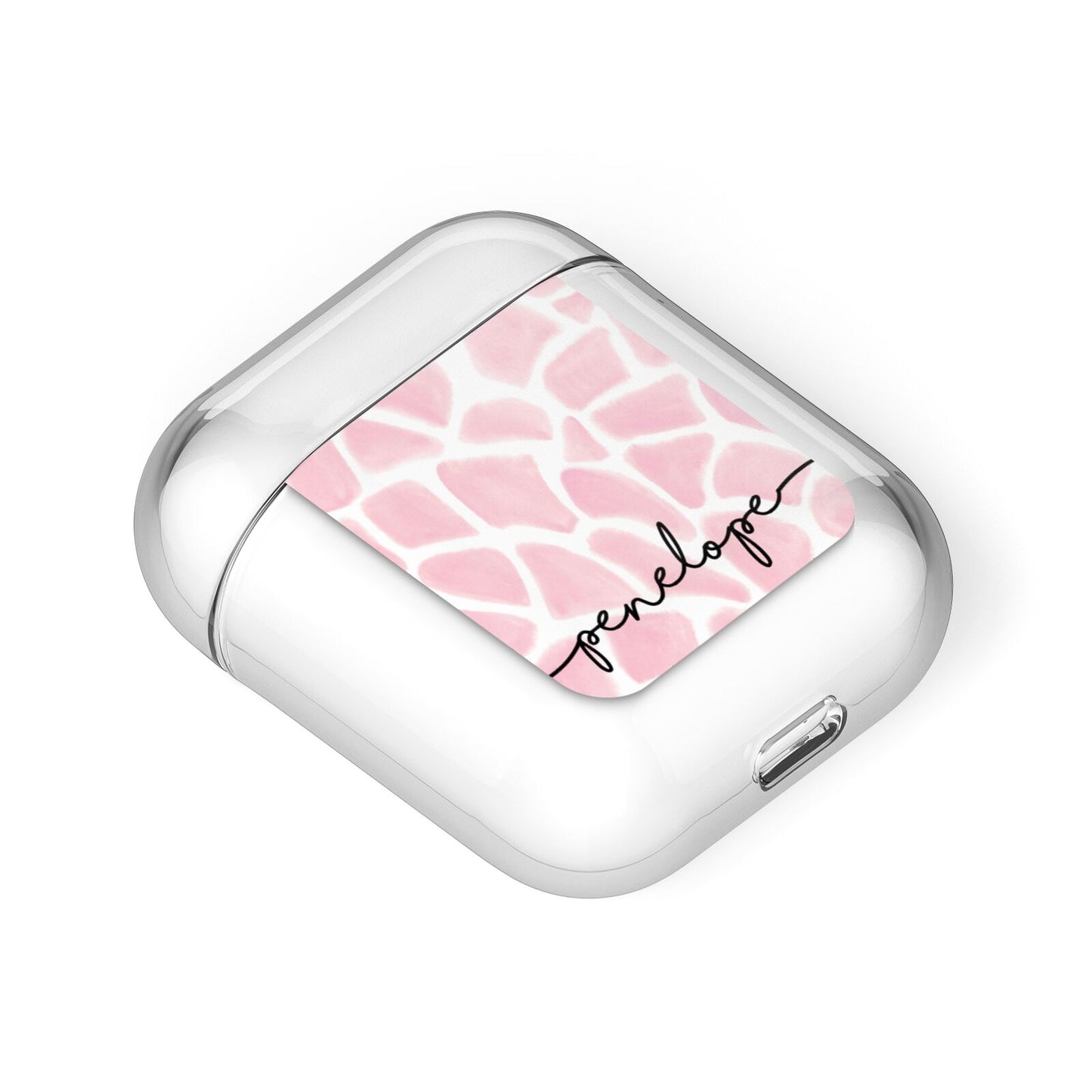 Personalised Pink Giraffe Print AirPods Case Laid Flat